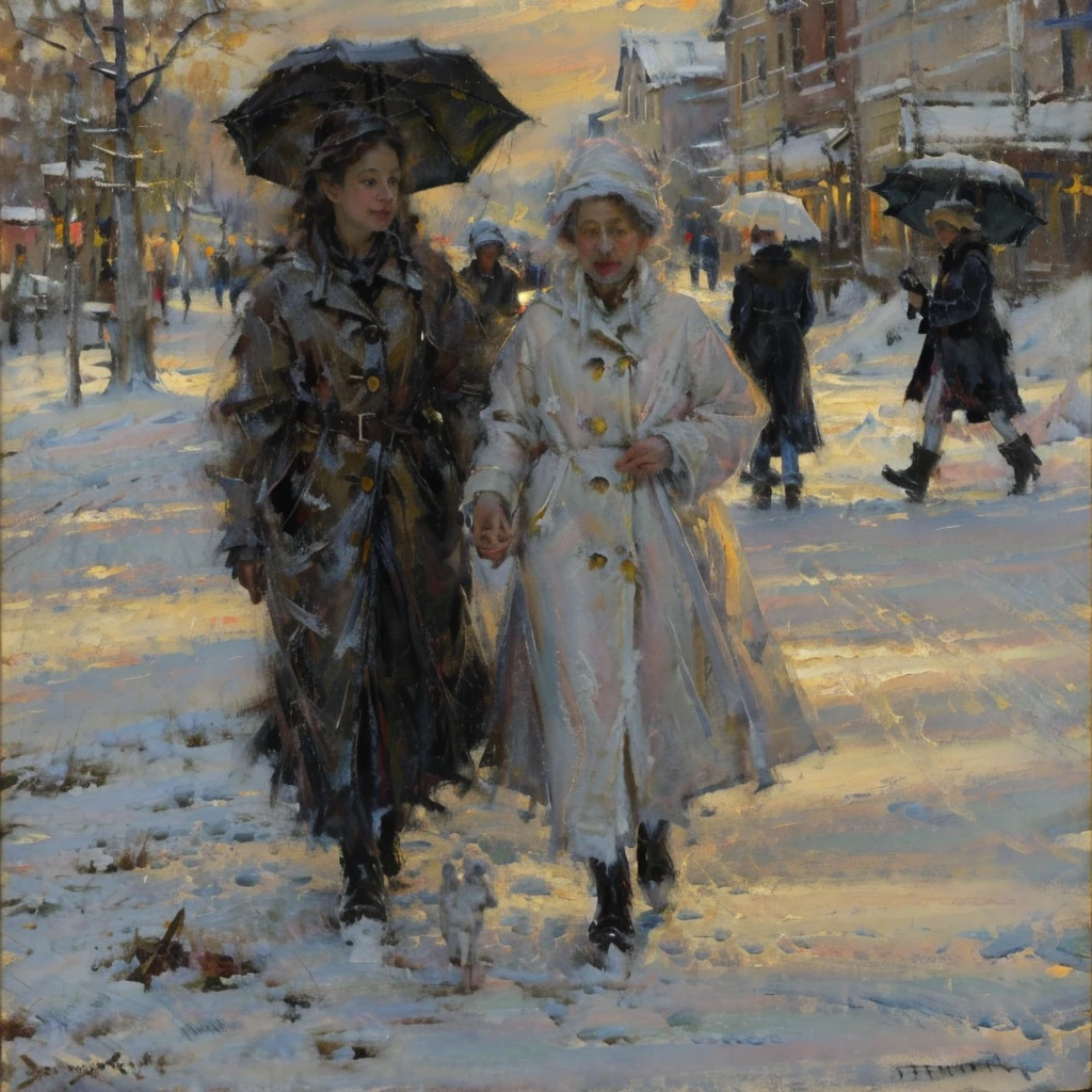 Create an impressionist-style oil painting of a snowy street scene, with people walking under umbrellas and shops glowing warmly in the evening light. Use short, broken brushstrokes and a cool color palette with touches of warm highlights to depict the contrast between the cold winter scene and the cozy interiors. Draw inspiration from the works of Alfred Sisley, capturing the stillness and beauty of the winter night.