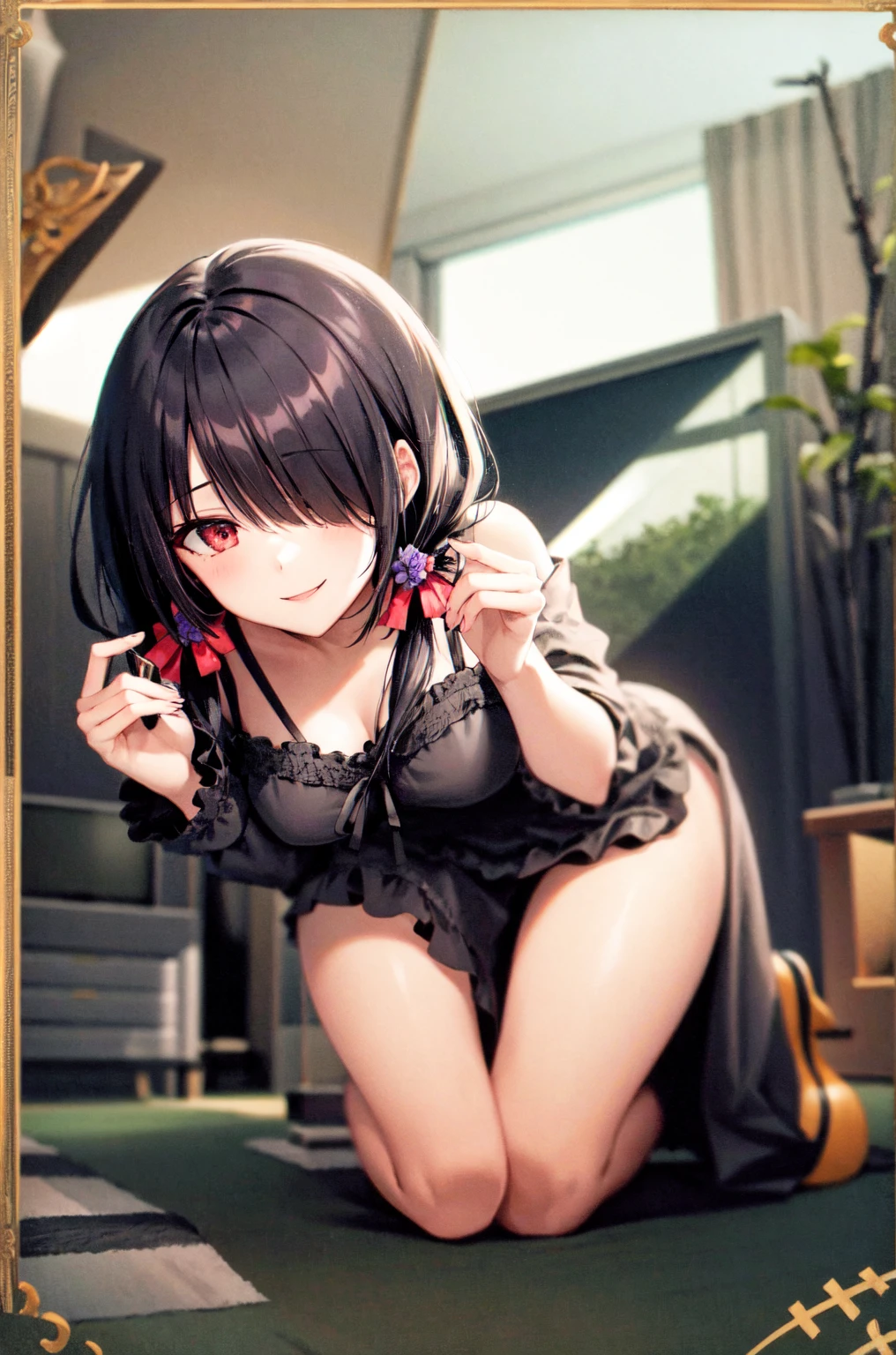 1girl, solo, kneeling, seiza, cckurumi, long hair, low twintails, hair flower, hair over one eye, hair bow, gothic, black dress, ribbon, pantyhose, slippers, sitting, smile, looking at viewer, leaning forward, indoors, living room, television, window, plant, rug,, weird atmosphere, (best quality:1.1), (masterpiece:1.2), high quality shadow, beautiful detailed, (high detailed skin, skin details), (wide_landscape, 8k), beautiful face, detailed eyes, depth of field, dramatic light, best quality, highres, best shadow, best illumination,