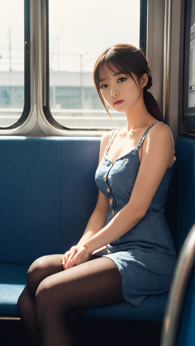 (masterpiece,  best quality, 8k,  RAW photo, beautifully、beautiful:1.2),  intricate detail, indirect lighting, Realistic, whole body,  sitting on a train chair、 the audience、Peeking、   square neck button down linen sundress, ( Ultra Realistic Pantyhose)、 woman&#39;Training ,  Chair that you can sit on under your skirt,  ultra high resolution,8k,Bokeh, sharp concentration, super detailed face,,beautiful足,thin,( medium chest), super detailed eyes 、( miniskirt:1.5)、( panchira :1.5)、(Look at my panties :1.5)