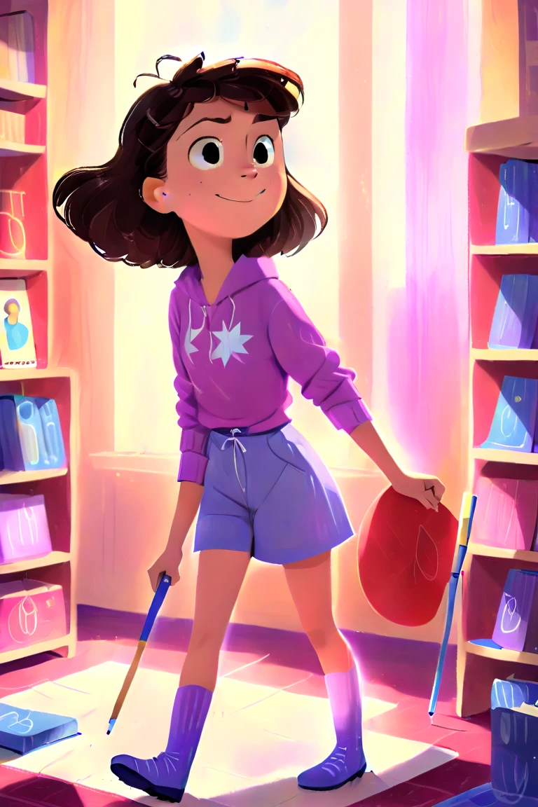 Clara, a girl with brown wavy hair, using  purple glasses, she poses like a hero, purple shirt, pink shorts and blue boots. Detailed face, intricate details, colorful crayons, cozy indoor setting, beautiful lighting, soft pastel colors, warm tones, cinematic composition, award winning illustration, highly detailed, photorealistic, 8k, masterpiece, professional, award winning, cinematic lighting, soft focus, beautiful composition, consistent character. The illustration should be simple and clean. The style of the illustration resembles a classic ren's book, combining a Disney cartoon and watercolor illustration but with thick lines outlining the image.