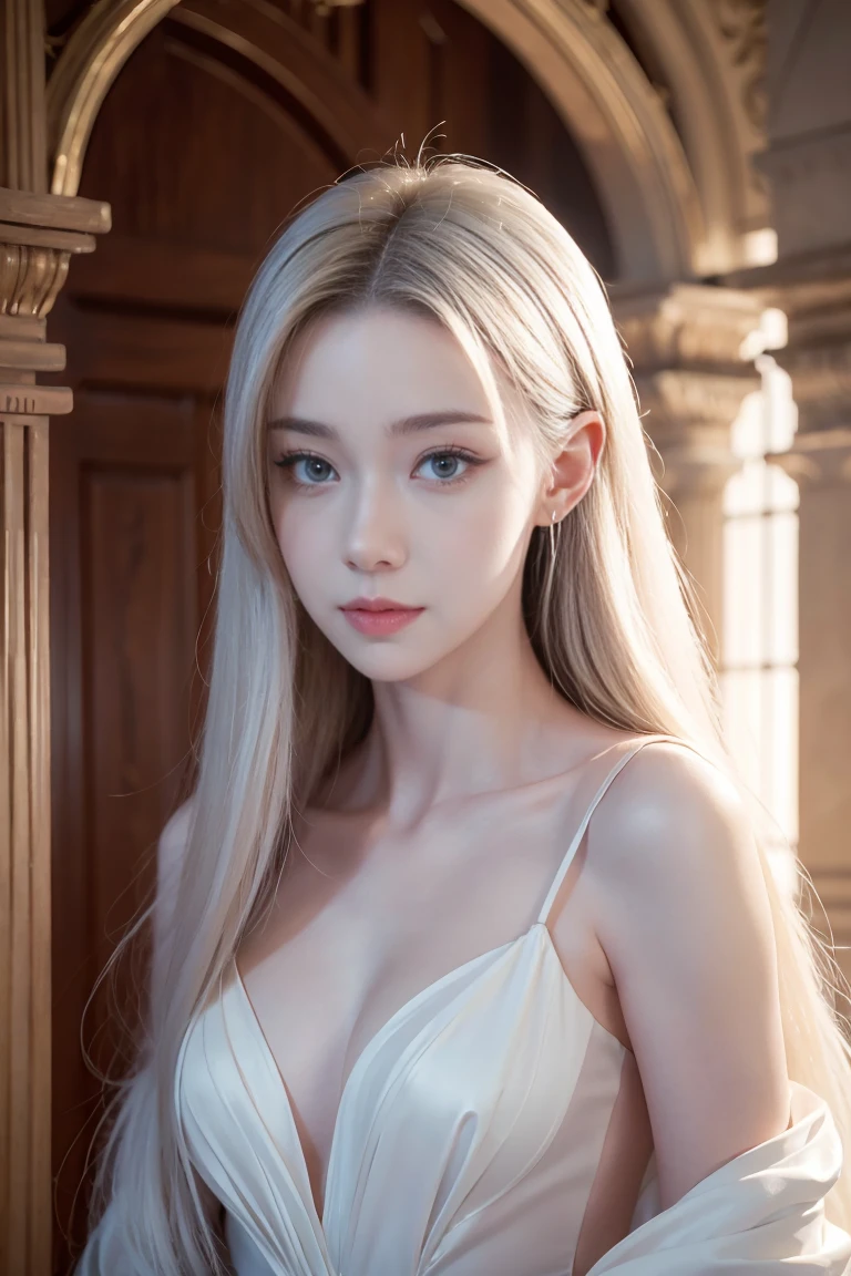 ashelia, photorealistic young medieval white-haired woman, flat chest, small bust, 8k, medieval palace, A beautiful adult woman with a soft face, perfect brown eyes, detailed face, long eyelashes, silk flower fantasy background, cinematic photorealistic lighting, dramatic night scene, (best quality,4k,8k,highres,masterpiece:1.2),ultra-detailed,(realistic,photorealistic,photo-realistic:1.37),cinematic,dramatic,moody,celestial white light