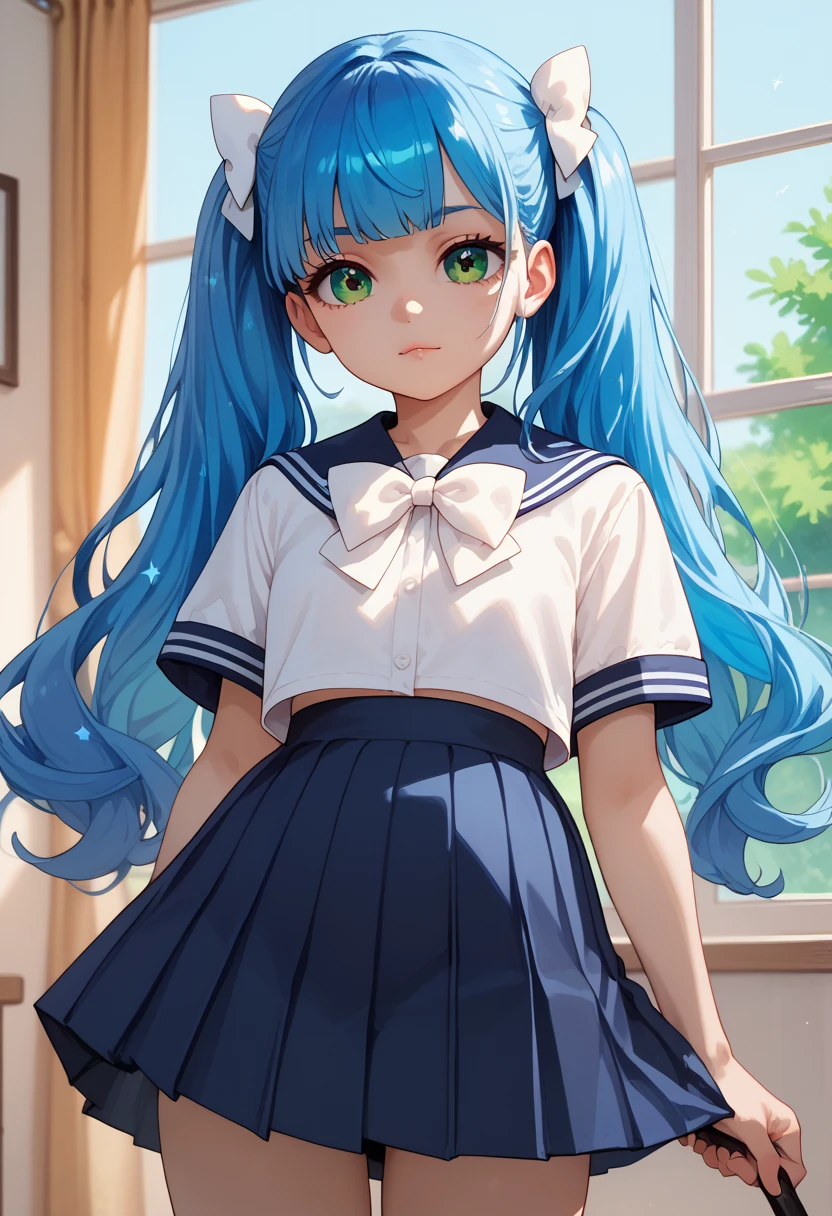 loli, long blue hair, big white bow, green eyes, stars in her eyes, Japanese school uniform