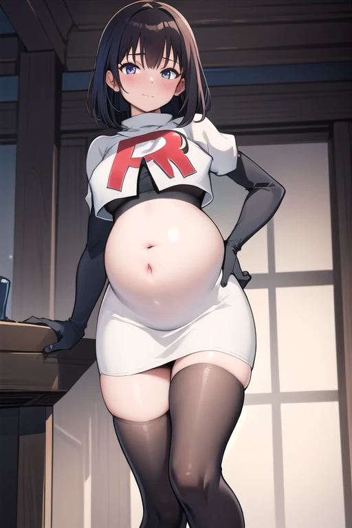 (masterpiece:1.2, best quality), (intricate details), (mature woman, milf), (tall:1.2), anime, solo,mature, team rocket,team rocket uniform,white skirt,red letter R,crop top,black thigh-highs,black elbow gloves, field of depth, cowboy shot, pregnant,