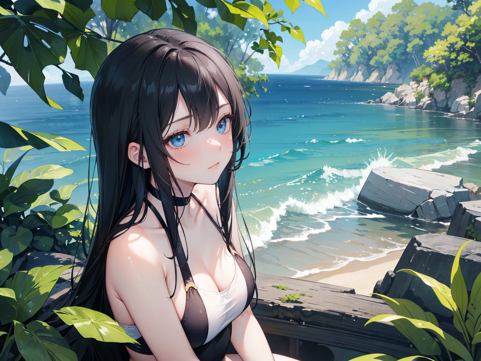 absurdres, highres, ultra detailed, HDR, master piece, best quality, extremely detailed, Nico Robin, black hair, without bangs, expressive blue eyes, One Piece, solo, woman, beautiful, black bikini, island, sea, beach