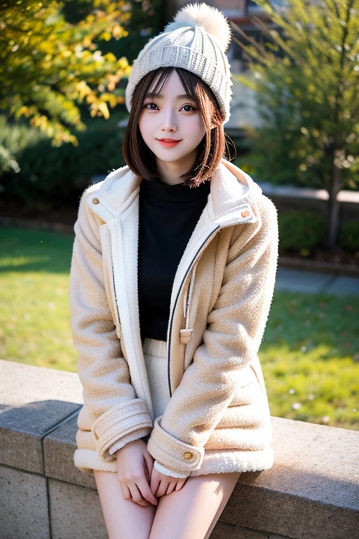  Shorthair、cute、winter、 duffle coat 、Knitted hat、Thighs、cool、Beautiful eyes、Fair skin、 Ginko Namiki、Sunlight、Outdoor、Petite、18 years old、 boobs、