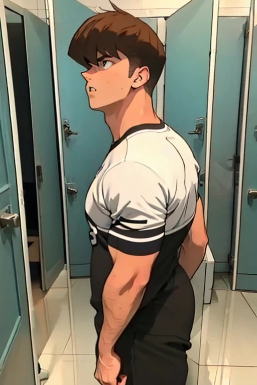 Seto Kaiba from Yu-Gi-Oh, bodybuilder, sweaty, defined body, big legs, locker room, leaning against the lockers, wearing football uniform, vapid stare, sweaty body, big bulging crotch, shoulder pads, football jersey, football cleats, football pants, hypnotized blank stare, open mouth, hyper muscles, hyper swollen crotch bulge, bro, dumber, IQ drain, dummy, dumbed down, meathead, musclehead, dumb jock, brainwashed, flexing, hyper crotch bulge, big biceps, big triceps, big traps. broad shoulders, big meaty pecs, big thighs, thick glutes, bubble butt, hyper muscles, football team assimilation, brainwashed, brainwashing, glowing eyes, bro, mindless, mindless bliss, "I am a big dumb jock boy.... I am a big dumb jock boy.... Mindless, brainless, meathead jock.... I am a big dumb jock boy.... Make more jocks.... Join the team.... You'll be a big dumb jock boy.... Obey, be a good dumb jock boy.... Grow to a big dumb jock boy....  Become just a big dumb jock boy.... No more than a big dumb jock boy.... Give up. Give in. Transform. Enjoy the fate of a big dumb jock boy. No thoughts for a big dumb jock boy.... Like me, you're a big dumb jock boy.... I am a big dumb jock boy.... Just be a big dumb jock boy.... Must be a big dumb jock boy.... No more than a big dumb jock boy...."