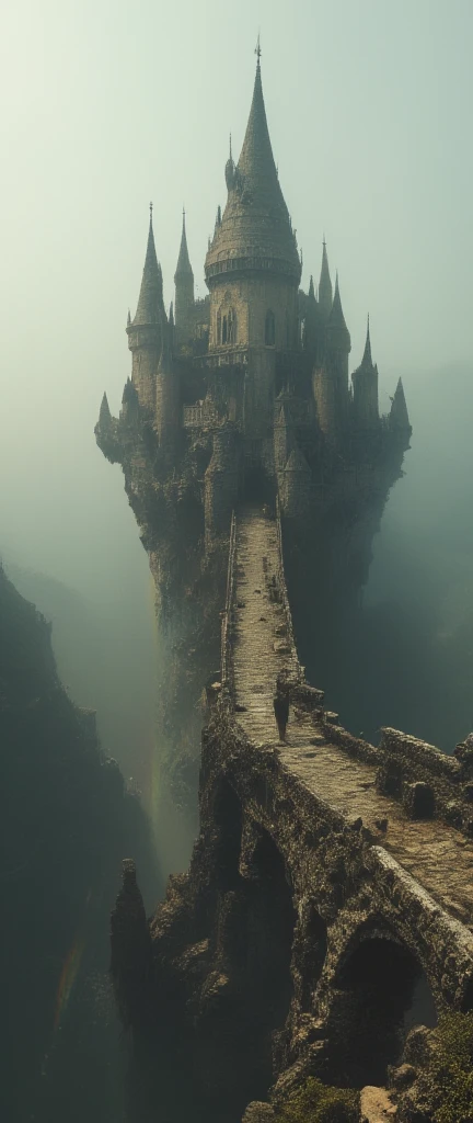  A very old bridge \( float in the sky , 即将倒塌,  Many rainbows shine through the mist \) connected to an ancient castle  float in the sky .  is diffusely reflected through the fog .  stretch far into the foreground ， is about to collapse and . in the thick fog and haze .