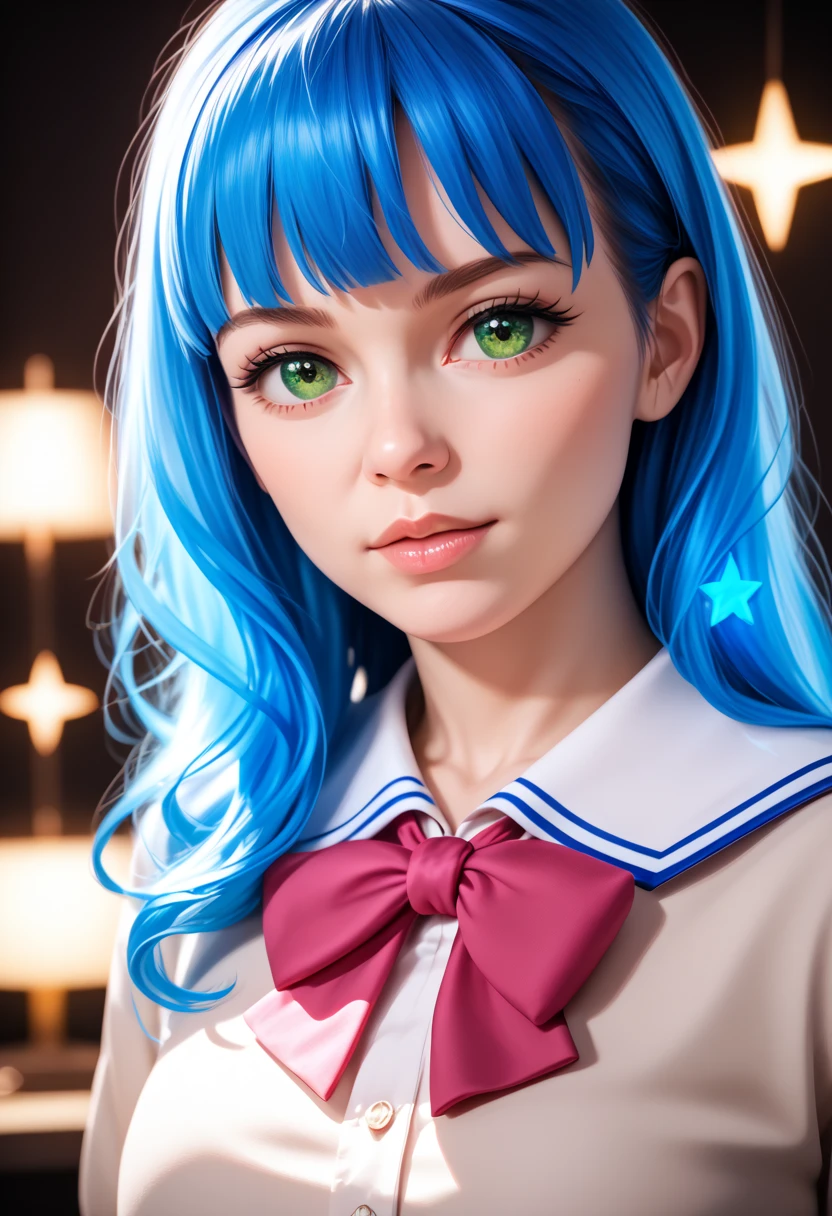 a beautiful loli girl with long blue hair and a big white bow, wearing a Japanese school uniform, with green eyes and stars in her eyes, 1girl, hyper detailed, masterpiece, extremely detailed, extremely detailed eyes and face, cinematic lighting, vibrant colors, fantasy, soft lighting, highres, (best quality,4k,8k,highres,masterpiece:1.2),ultra-detailed,(realistic,photorealistic,photo-realistic:1.37)