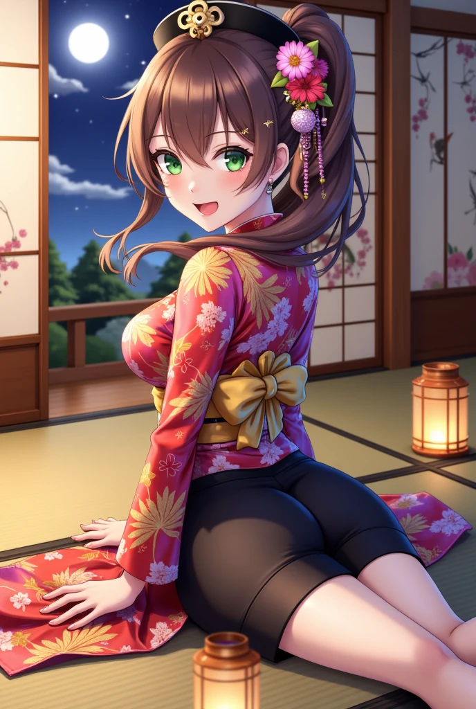 close up, euphoric Smile, A vibrant and anime-style depiction of an Edo-period oiran,  nsfw, fingering, close eyes, embarrassed, orgasm, open mouth, masturbation, featuring a youthful and elegant woman with large expressive eyes and a confident, alluring smile. She is dressed in a vivid and intricately patterned kimono with gold, crimson, and purple hues, adorned with floral and phoenix motifs. Her elaborate hairstyle is styled in a traditional “Katsuyama” updo, decorated with colorful kanzashi hairpins and sparkling ornaments that catch the light. She sits gracefully on a tatami mat, surrounded by glowing paper lanterns and folding screens painted with cherry blossoms and cranes. The background features an open shoji screen with a moonlit garden and falling snow, adding a dreamy and serene atmosphere. The art style emphasizes bold outlines, vibrant colors, and soft shading, with dynamic lighting that highlights the shimmer of her accessories and the flowing textures of her kimono. perfect female body, model posing, bear shoulder, bear back, Brown hair, love juice,mldortgm, black headwear, black skirt, black uniform, brown hair, dangle earrings, gold trim, green eyes, jewelry, large breasts, long hair,((4k,8k,Ultra HD)),((Masterpiece :1.2)),((Best quality :1.2)),((Detailed :1.5)),((Detailed background :1.5)),leg hold pose,