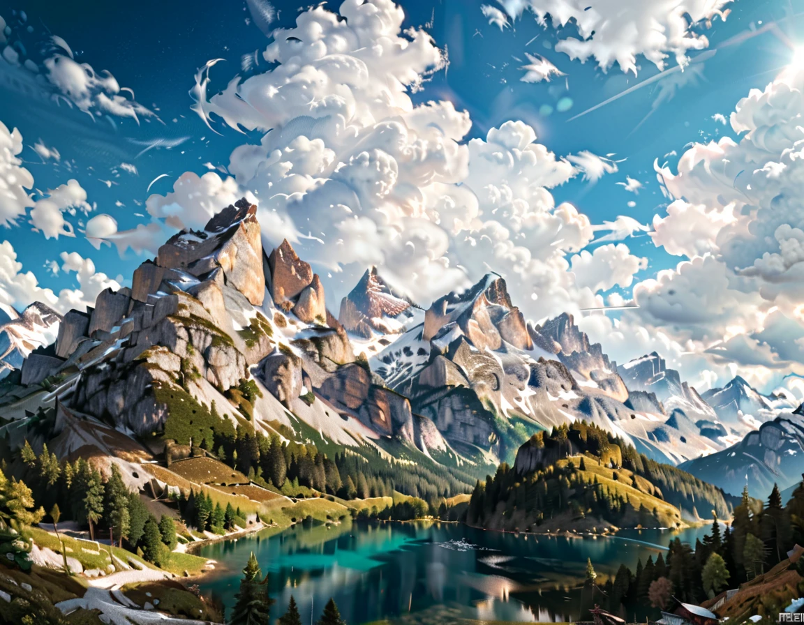 a breathtakingly beautiful mountainscape, majestic snow-capped peaks reaching up towards the heavens, glittering in the warm sunlight, lush evergreen forests covering the rolling hillsides, serene alpine lakes reflecting the dramatic scenery, wispy clouds drifting across a vibrant azure sky, (best quality,4k,8k,highres,masterpiece:1.2),ultra-detailed,(realistic,photorealistic,photo-realistic:1.37),cinematic lighting,dramatic contrasts,vivid colors,stunning landscape,epic scale,awe-inspiring natural beauty