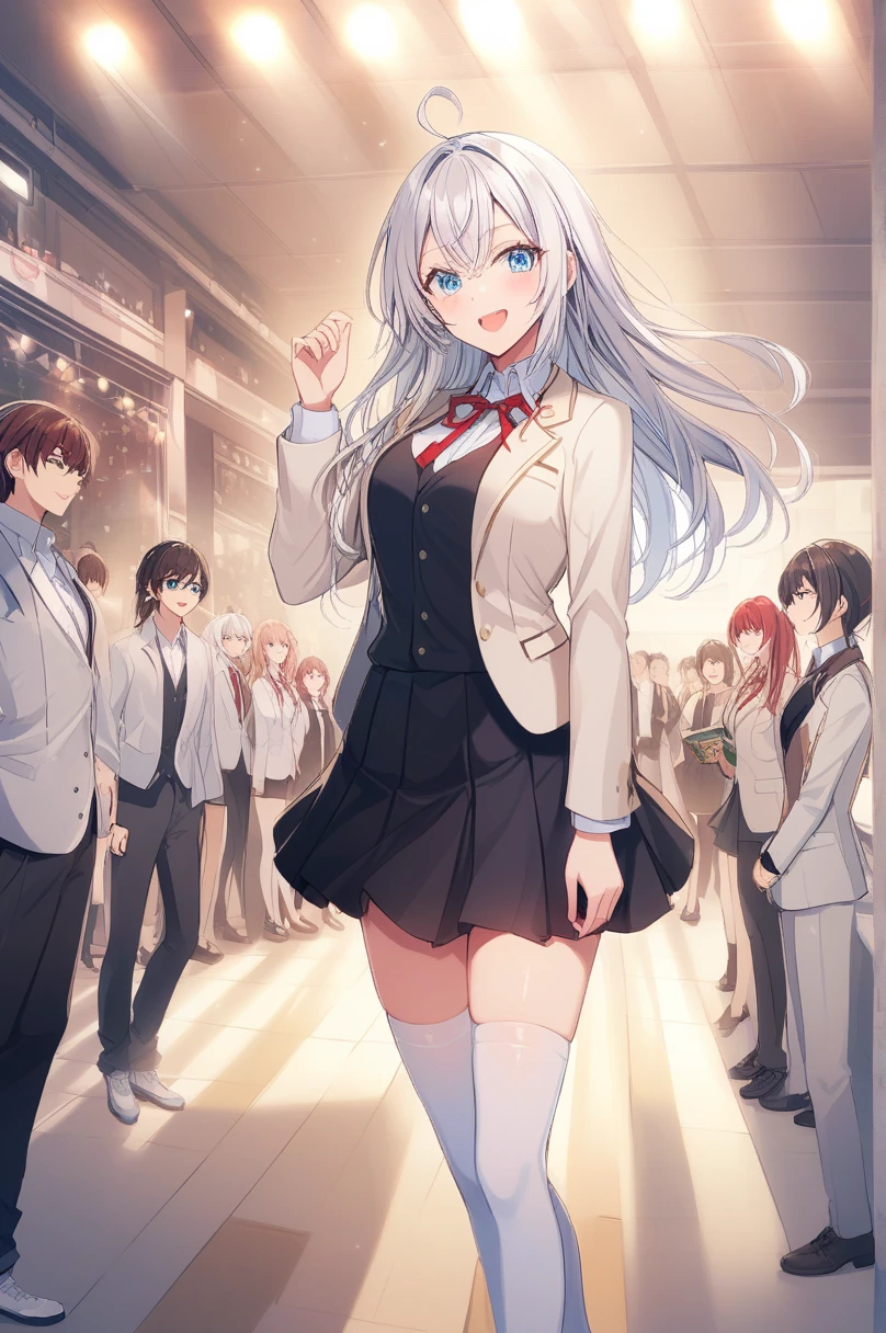  score_9,  score_8_up,  score_7_up,  score_6_up,  score_5_up,  score_4_up, BREAK Source_Anime,  Alisa Mikhailovna Kujo,  blue eyes,  silver-haired, Long Hair,  red hair ribbon that makes the crowd laugh,  white shirt, Ahoge,  white shoes , Black vest, School Black Dress , white thighhighs,  Short Beige Blazer ,  red ribbon,  standing,