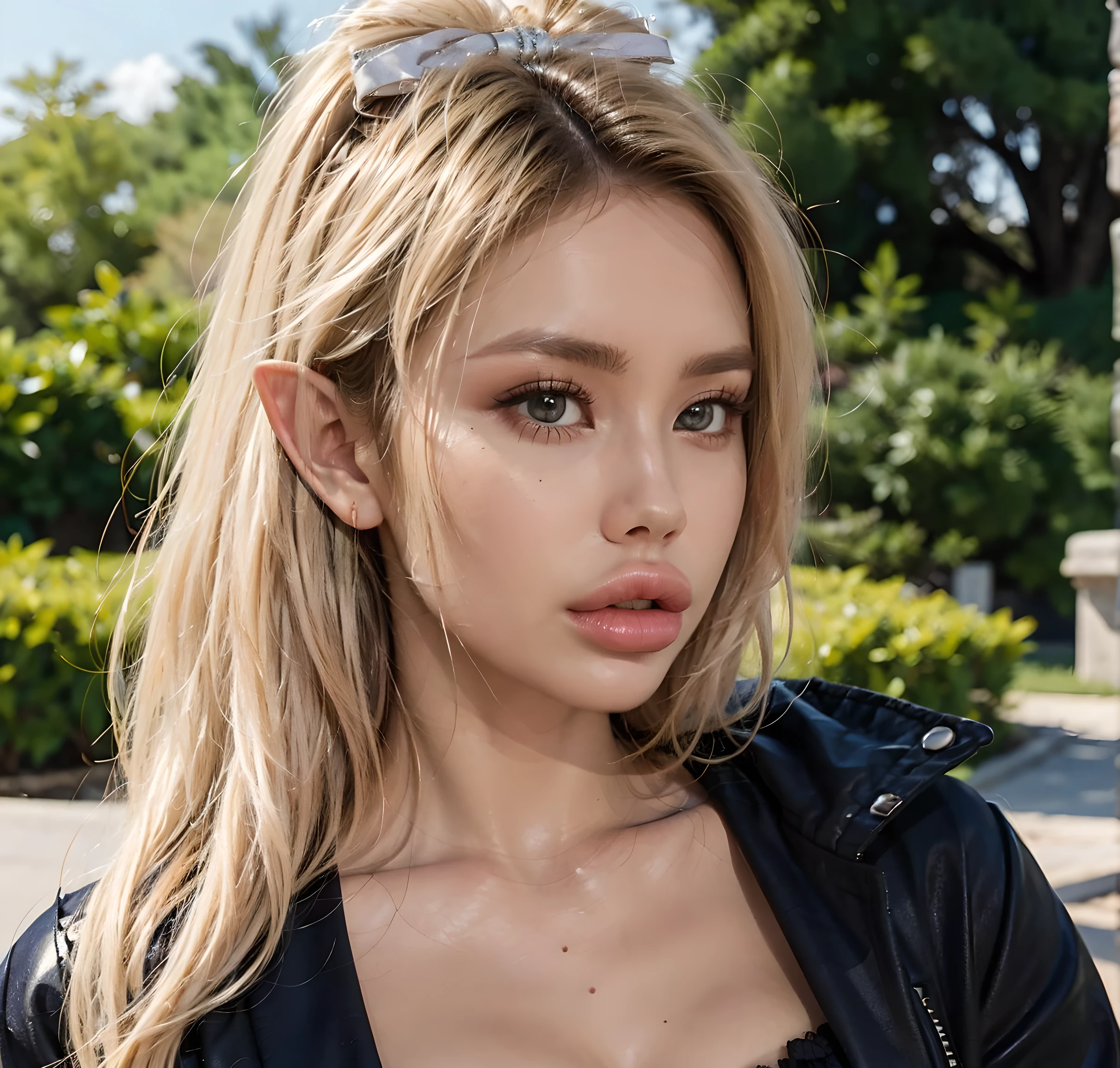 platinum blonde hair , 1 girl, long hair, pointy ears , elf, jacket outfit, longbow, bow \(Arm\), Naturaleza, make-up, long eyelashes , masterpiece , The best quality, intricate detail, sketch, describe, anime screenshot, huge gigantic