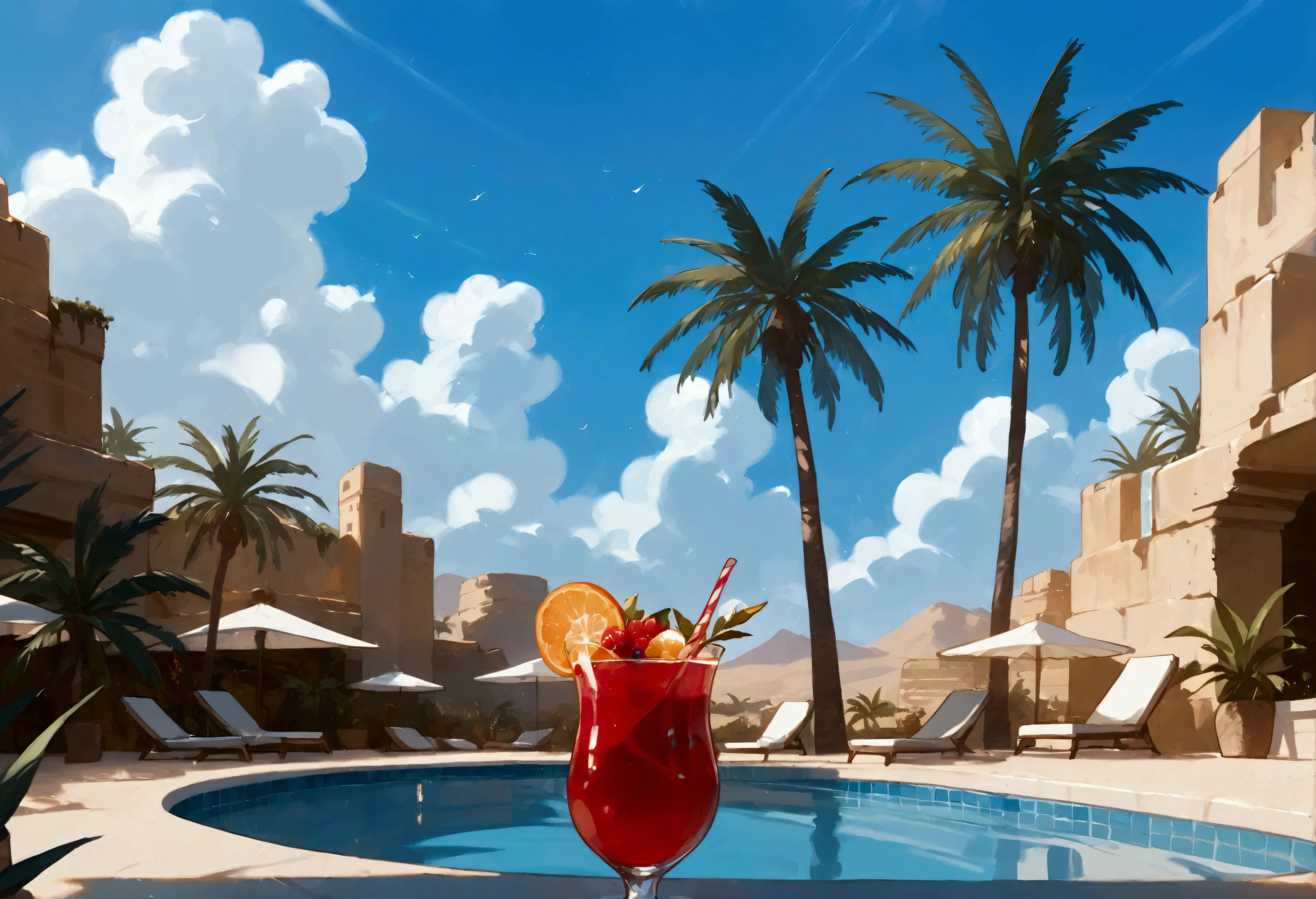 score_9, score_8_up, score_7_up, score_6_up, score_5_up, score_4_up, a picture of an oasis in the middle of the desert, some palm trees, a pool of tranquil water, there is a glass of cocktail near the oasis, vibrant, Ultra-high resolution, High Contrast, (masterpiece:1.5), highest quality, Best aesthetics), best details, best quality, highres, ultra wide angle, 16k, [ultra detailed], masterpiece, best quality, (extremely detailed) RAW,