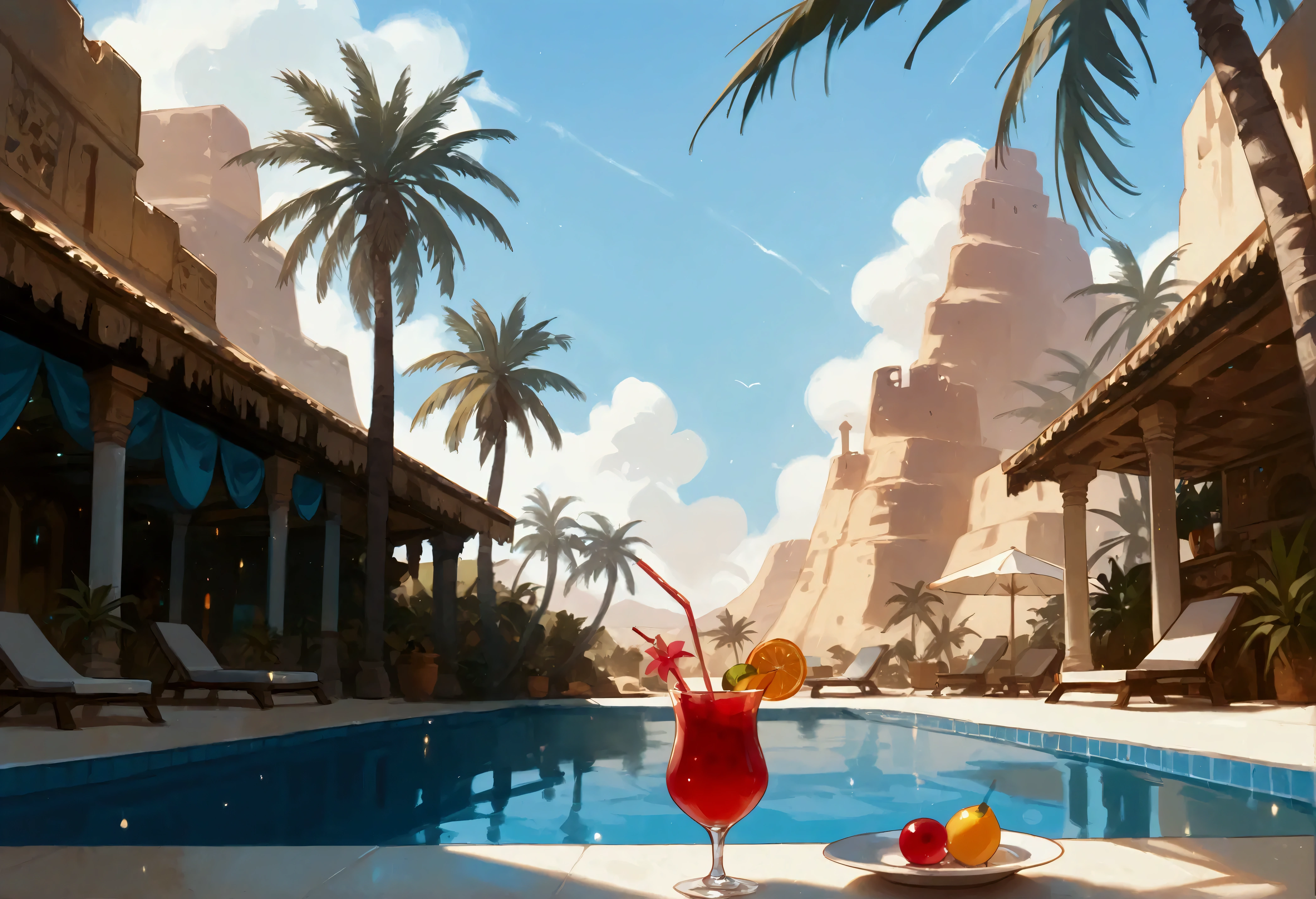 score_9, score_8_up, score_7_up, score_6_up, score_5_up, score_4_up, a picture of an oasis in the middle of the desert, some palm trees, a pool of tranquil water, there is a glass of cocktail near the oasis, vibrant, Ultra-high resolution, High Contrast, (masterpiece:1.5), highest quality, Best aesthetics), best details, best quality, highres, ultra wide angle, 16k, [ultra detailed], masterpiece, best quality, (extremely detailed) RAW,