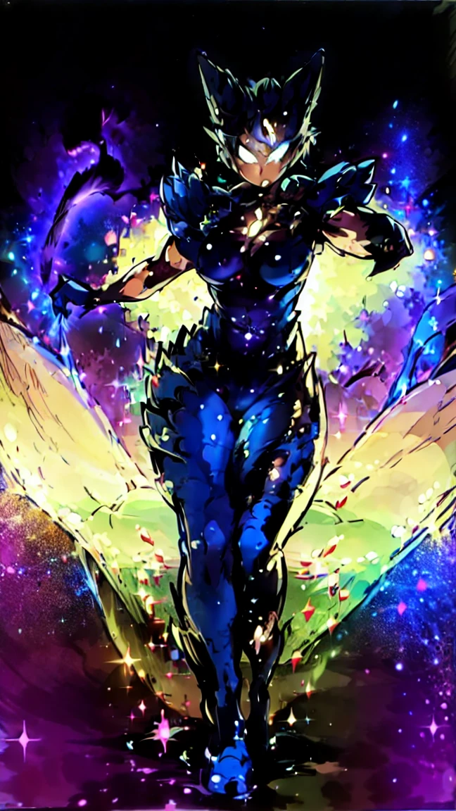 Solo, 1 girl, no eyes, female focus, bright blue, space, galaxy, blue aura, bright radiation, cosmic body, karenbeecher, hair bun, muscular woman, full cosmic black armor, long hair, thin legs and muscular, arm with cosmic armor and muscular, full body, medium tits, fighting pose