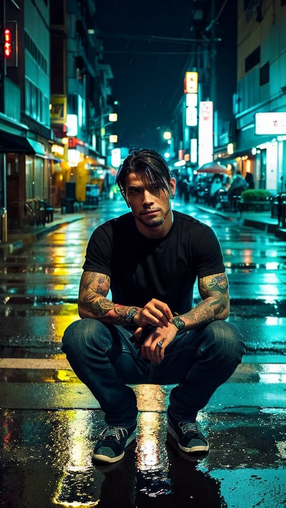 Black haired man l, golden eyes scar on one eye , pink mouth, shoulder tattoo, light brown
