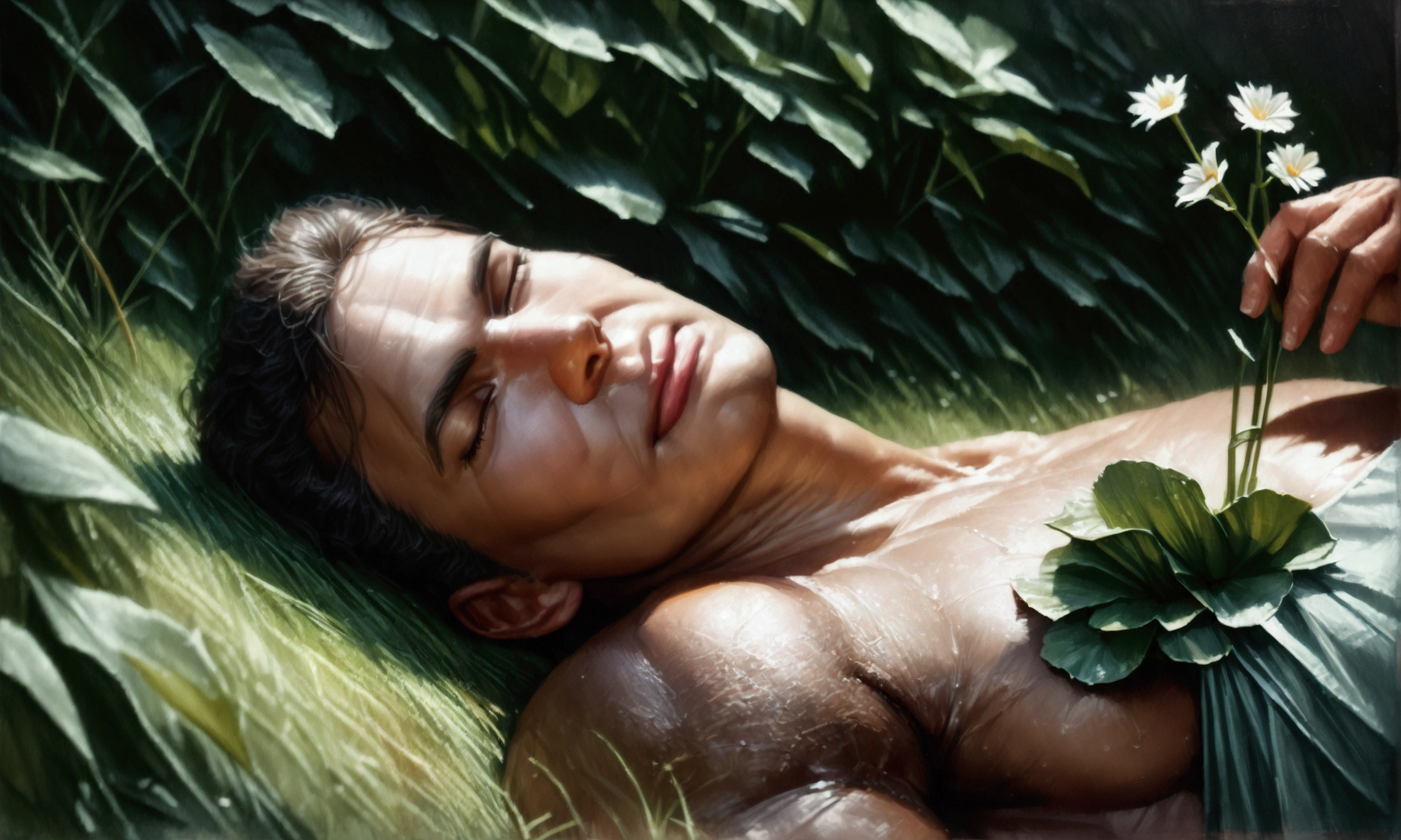 (whole body) dynamic pose, minimalist, male focus, photo surrealist Lars Norgaard, relaxed natural expression, heroic rest, charming, bespoke couture suit regal flower4rmor, Tropical vibrancy Orchids, birds of paradise and hibiscus Monstera and palm leaves Thin bamboo sticks and colorful wrapping Bold colors and exotic beauty REST (dreamy and moody aesthetic), soft and diffuse natural lighting, filmed by David LaChapelle