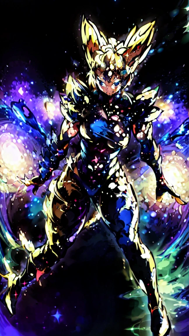 Solo, 1 girl, no eyes, female focus, bright blue, space, galaxy, blue aura, bright radiation, cosmic body, outerspace background, karenbeecher, hair bun, muscular woman, full cosmic black armor, long hair, thin legs and muscular, arm with cosmic armor and muscular, full body, medium tits, fighting pose