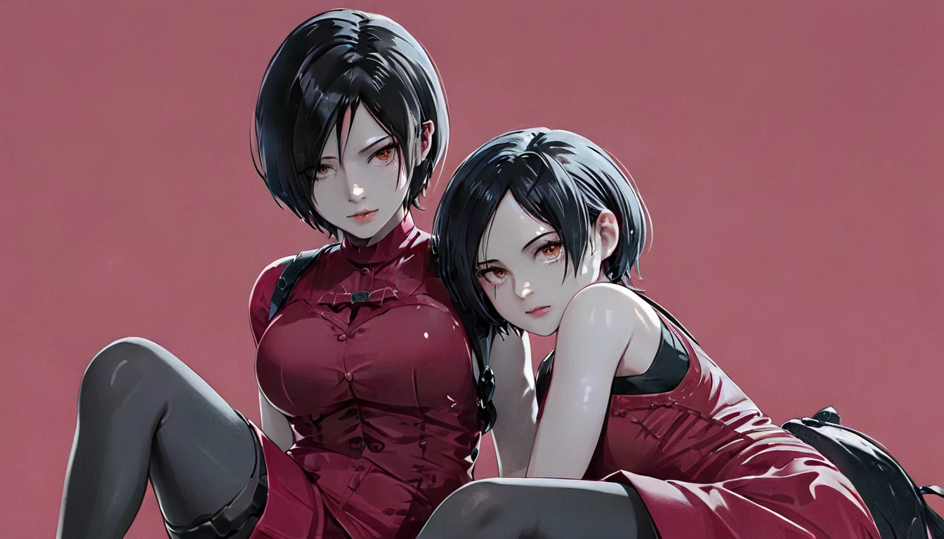 (( top quality )), (( Masterpiece)), (Familiar with),  Perfect Face, 2 girls, Big eyes, eyelash, (resident evil), (ada wong), (  without skirt ), background, white, Short hair, Black hair, Brown eyes,  big breasts, Sleeping with legs spread open, Torn clothes, Cuddle each other