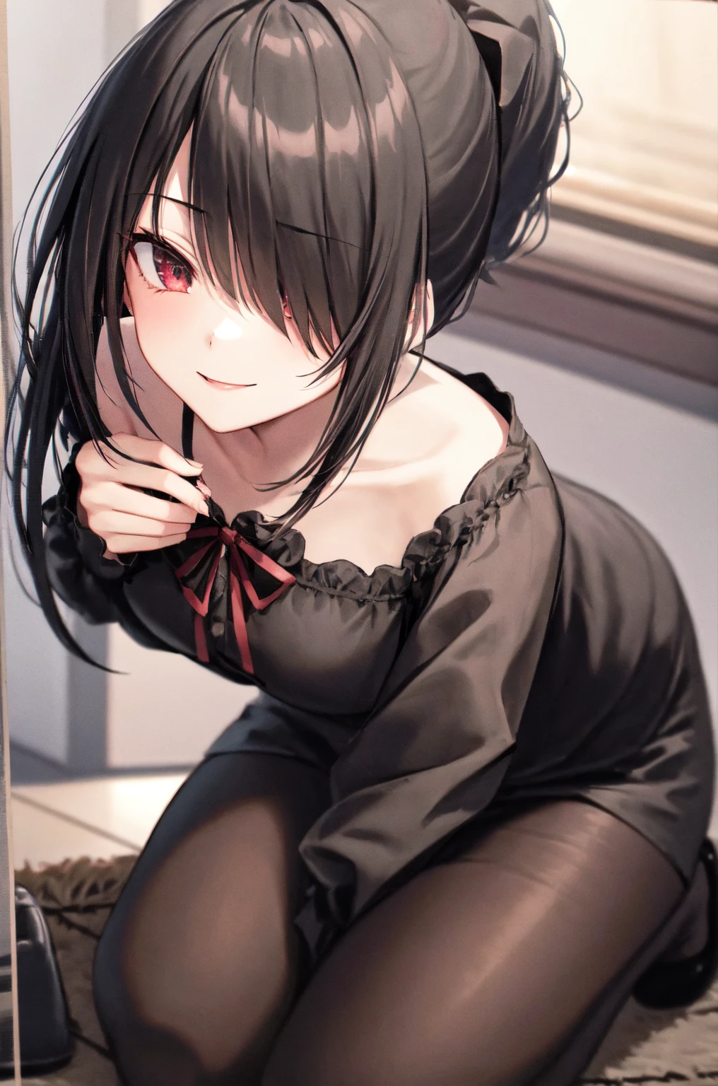 1 girl, pale skin, gray shoulder shirt with black stripe, with black panties, black socks, devil tail, black hair with long bangs, straight black horns, big , with red eyes and big lashes,