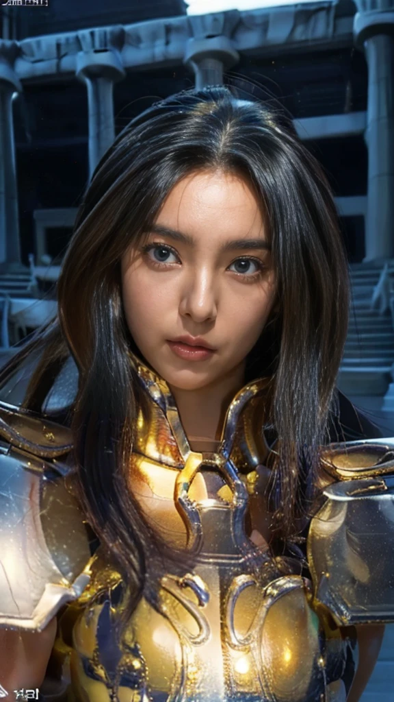 masterpiece,  please redeem  , (超  High Definition ), Realistic skin texture,  Armature  , (Realistic:1.4),  High Definition ,  RAW Photos,  1 girl, shiny skin, (  detailed skin :1.2), Realistic skin texture, Best writing, and ,Shine, Gold Armor, Dramatic lighting,  Dynamic Poses , (  Greek temple background :1.3), (Night Sky,  universe, milky way),( long disheveled hair ,  detailed ),光りShine鎧,( greenish blue hair),( blue eyes)