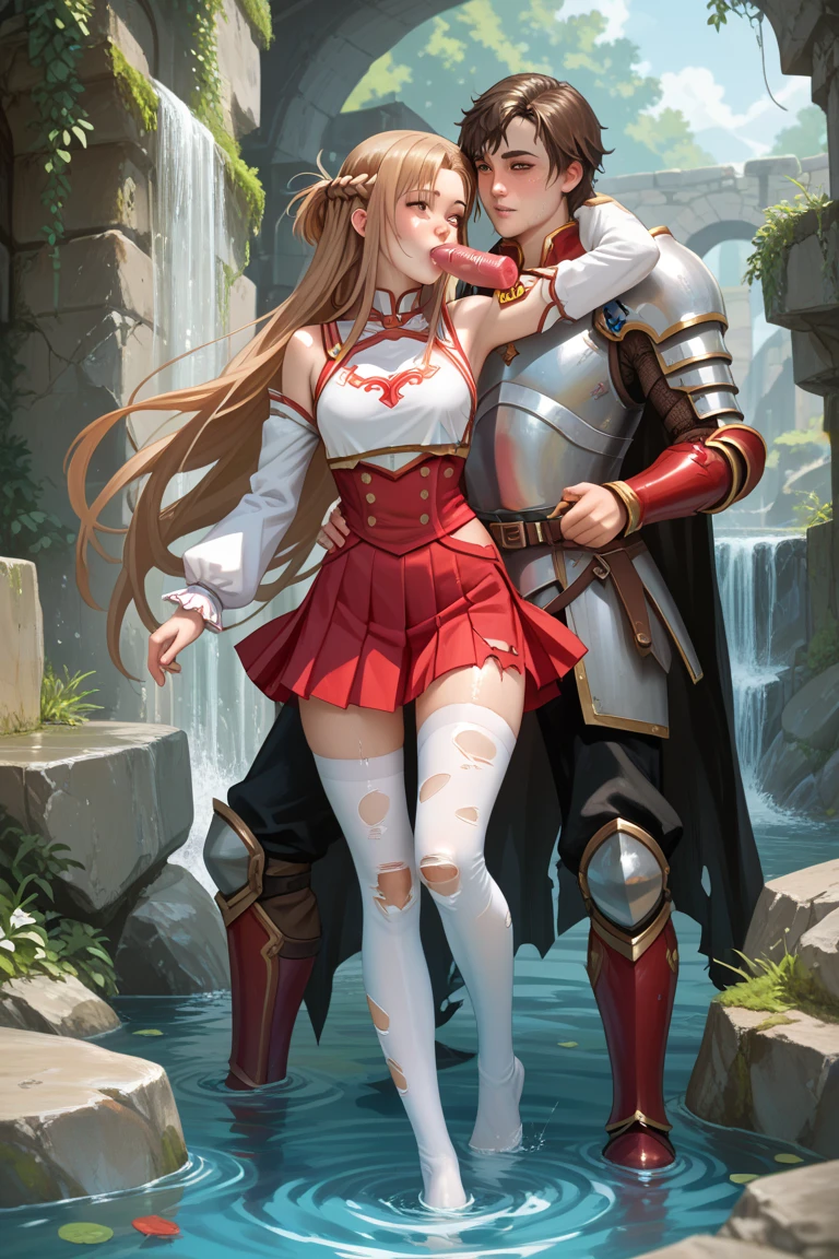 asuna,  Long hair,  Brown hair, hair,  brown eye , bare shoulders, armor, breastplate, white sleeves,  detached sleeves , red skirt,  pleated skirt , white stockings, blushing,  Wet_fabrics, ((torn_ clothes ))  narrow waist , narrow hips, slender, petite , refined ,  sexy body ,  firm teardrop-shaped chest ,  long legs, slender legs,  small tight ass,  medium chest , expression of pleasure 
Klein Man, girl on her knees, cock in mouth
BREAK walking , Very_Dark, sewage_Tunnel, filthy, stone_wall, dripping_water, water,
 