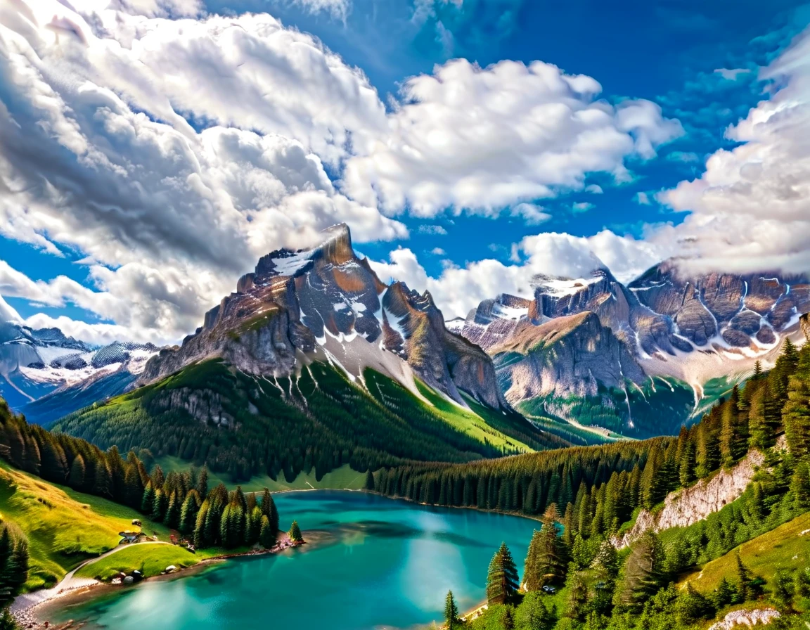 a breathtakingly beautiful mountainscape, majestic snow-capped peaks reaching up towards the heavens, glittering in the warm sunlight, lush evergreen forests covering the rolling hillsides, serene alpine lakes reflecting the dramatic scenery, wispy clouds drifting across a vibrant azure sky, (best quality,4k,8k,highres,masterpiece:1.2),ultra-detailed,(realistic,photorealistic,photo-realistic:1.37),cinematic lighting,dramatic contrasts,vivid colors,stunning landscape,epic scale,awe-inspiring natural beauty