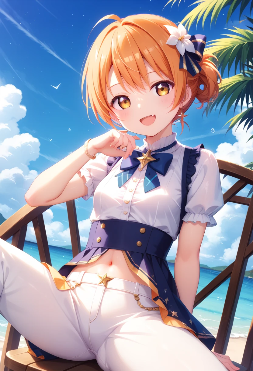 {{{masterpiece}}}, {{{best quality}}}, {{ultra-detailed}}, {illustration}, {{an extremely delicate and beautiful}}, orange hairRin Hoshizora、Starry Sky 、 orange hair、 bob cut from the front、small Average breasts、Beige knit＋ white pants / terrace / Sit on a chair laugh