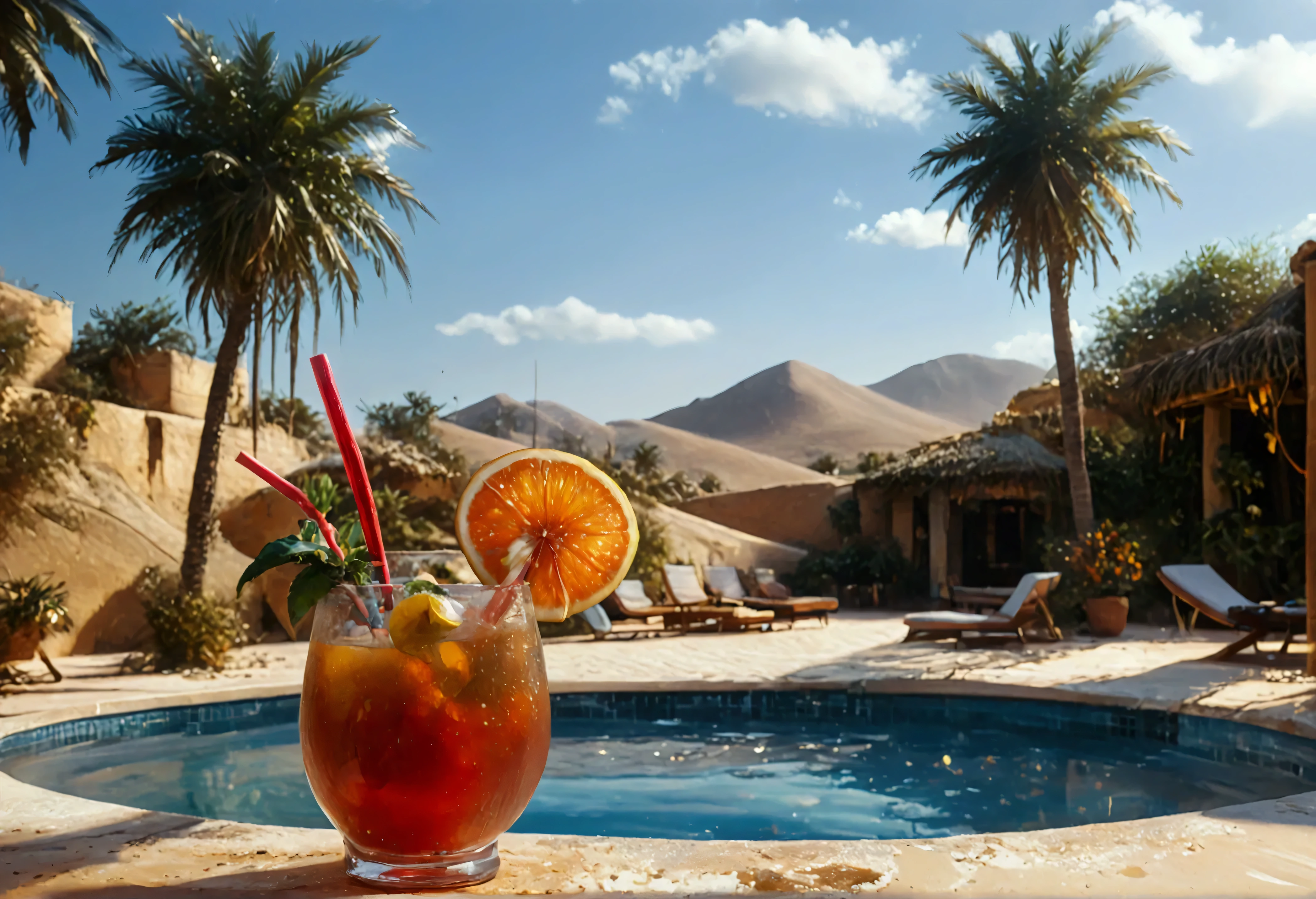 score_9, score_8_up, score_7_up, score_6_up, score_5_up, score_4_up, a picture of an oasis in the middle of the desert, some palm trees, a pool of tranquil water, there is a glass of cocktail near the oasis, vibrant, Ultra-high resolution, High Contrast, (masterpiece:1.5), highest quality, Best aesthetics), best details, best quality, highres, ultra wide angle, 16k, [ultra detailed], masterpiece, best quality, (extremely detailed) RAW,