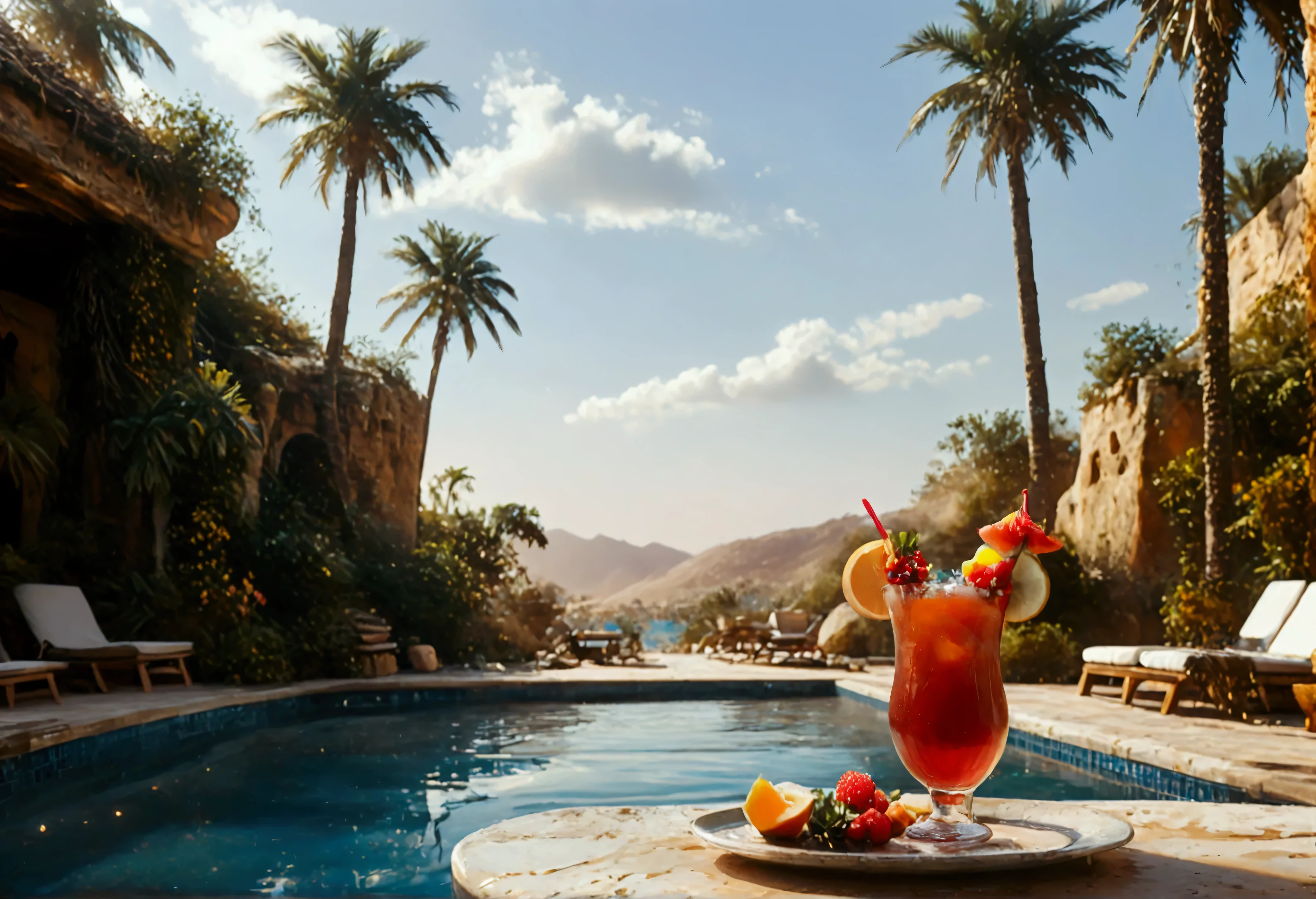 score_9, score_8_up, score_7_up, score_6_up, score_5_up, score_4_up, a picture of an oasis in the middle of the desert, some palm trees, a pool of tranquil water, there is a glass of cocktail near the oasis, vibrant, Ultra-high resolution, High Contrast, (masterpiece:1.5), highest quality, Best aesthetics), best details, best quality, highres, ultra wide angle, 16k, [ultra detailed], masterpiece, best quality, (extremely detailed) RAW,