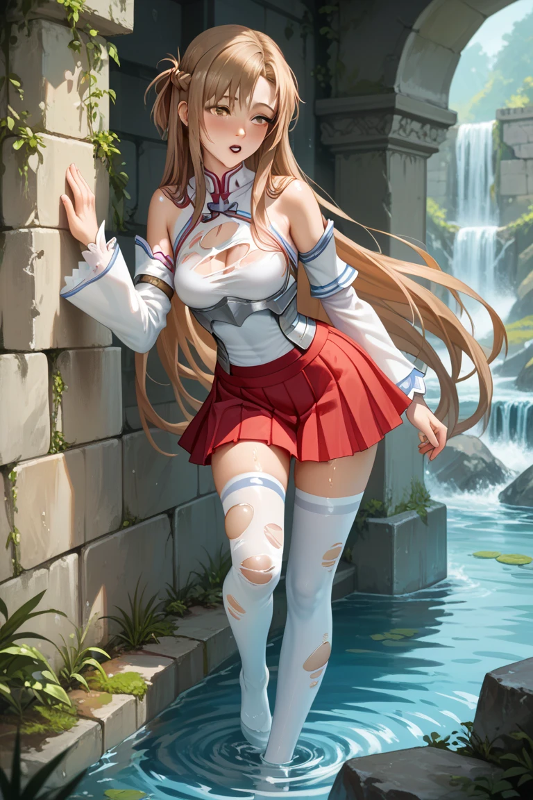 asuna,  Long hair,  Brown hair, hair,  brown eye , bare shoulders, armor, breastplate, white sleeves,  detached sleeves , red skirt,  pleated skirt , white stockings, blushing,  Wet_fabrics, ((torn_ clothes ))  narrow waist , narrow hips, slender, petite , refined ,  sexy body ,  firm teardrop-shaped chest ,  long legs, slender legs,  small tight ass,  medium chest , expression of pleasure 
Klein Man, girl on her knees, cock in mouth
BREAK walking , Very_Dark, sewage_Tunnel, filthy, stone_wall, dripping_water, water,
 