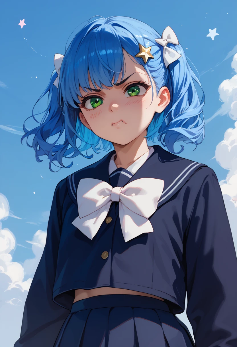 ****, long blue hair, big white bow, green eyes, stars in her eyes, Japanese school uniform, tsundere facial expression