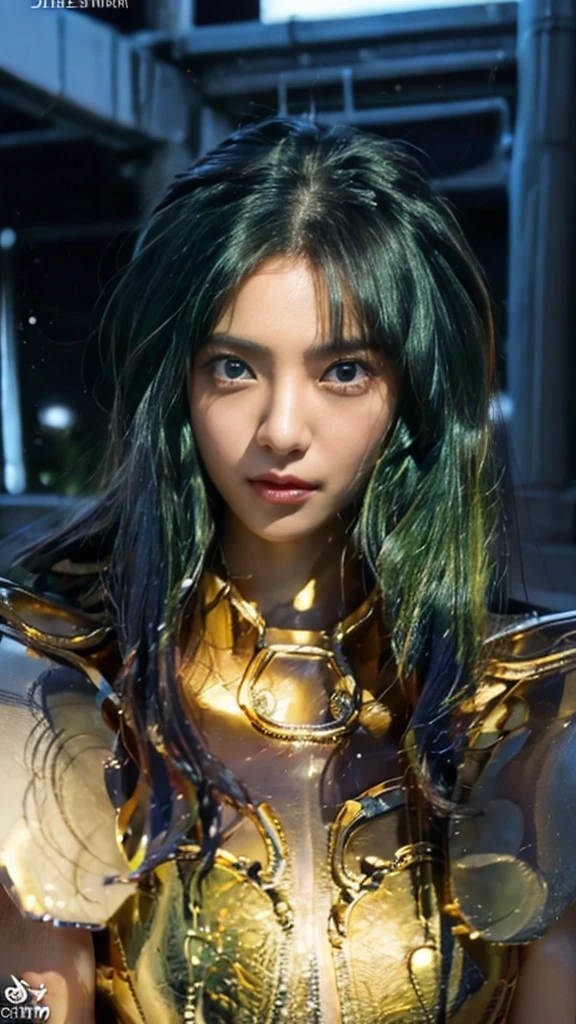 masterpiece,  please redeem  , (超  high definition ), Realistic skin texture,  Armature  , (Realistic:1.4),  high definition ,  RAW Photos,  1 girl, shiny skin, (  detailed skin :1.2), Realistic skin texture, Best writing, and ,Shine, Gold Armor, Dramatic lighting,  Dynamic Poses , (  Greek temple background :1.3), (Night Sky,  universe, milky way),( long disheveled hair ,  detailed ),光りShine鎧,( greenish blue hair),( blue eyes),(whole body)