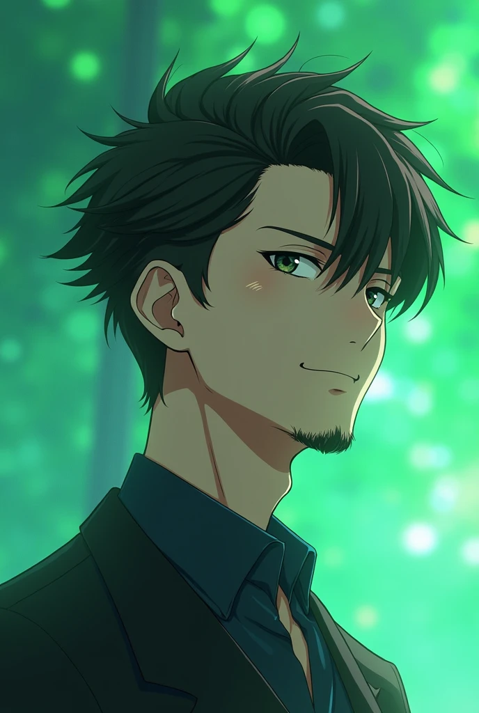 Adult anime boy Seinen with his hair up to the.  Shoulder on one side and on the other side the bare ear,  with a small beard only on the . Chin, smiling and with an iridescent viridian green background 