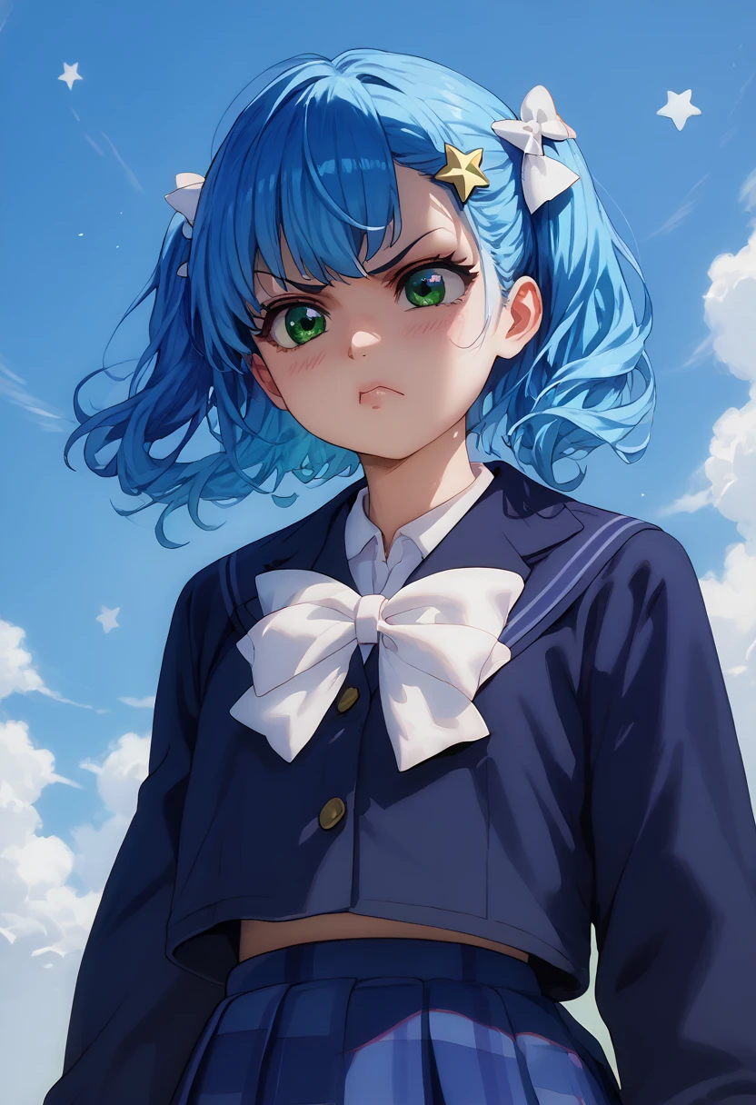 ****, long blue hair, big white bow, green eyes, stars in her eyes, Japanese school uniform, tsundere facial expression, folded her arms, her head spread out to the right