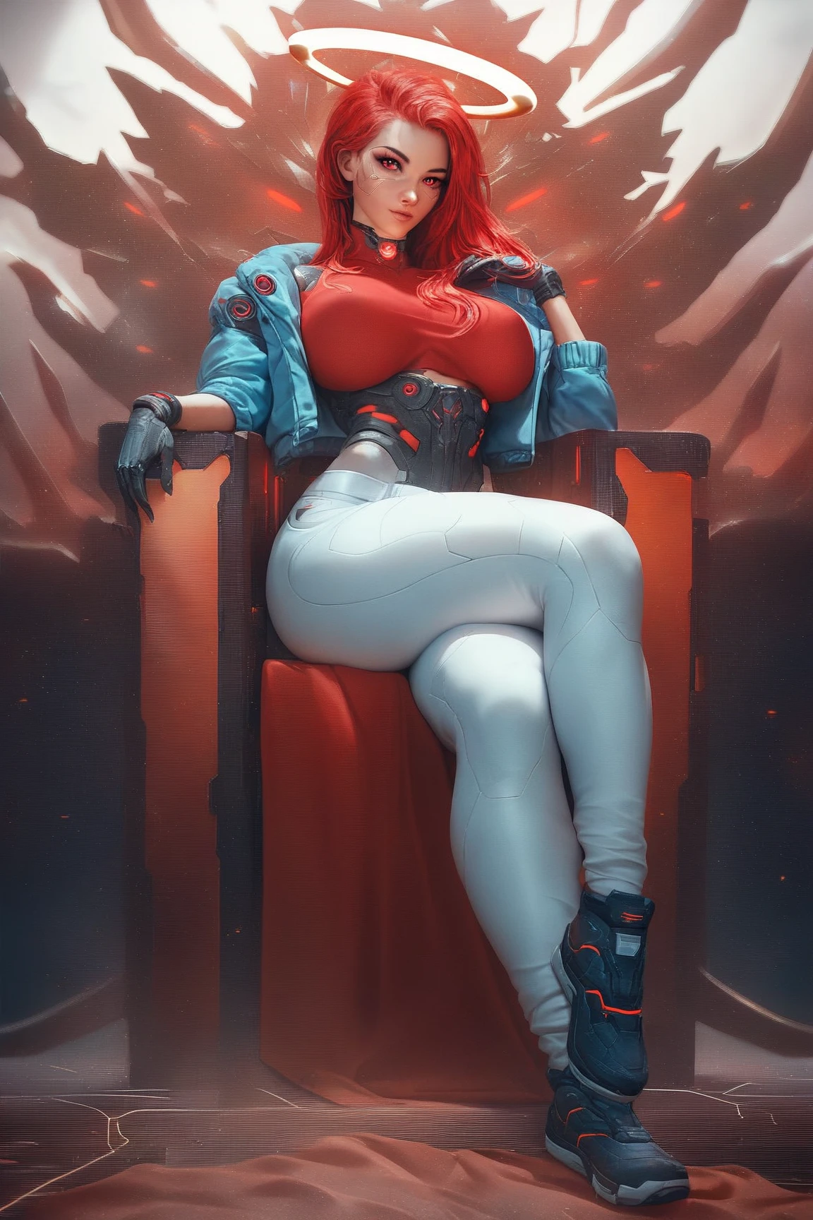 RAW,1girl,colorful,((light_blush,moaning,rolling_eyes,evil smile)),((full body)),((white matte armor, red lights <lora:CrysisNanosuit:0.6>)),(masterpiece, best quality),(detailed skin:1.3, detailed face:1.3),dslr,realistic,cinematic lighting,((cocked eyebrow)),sitting on chair,