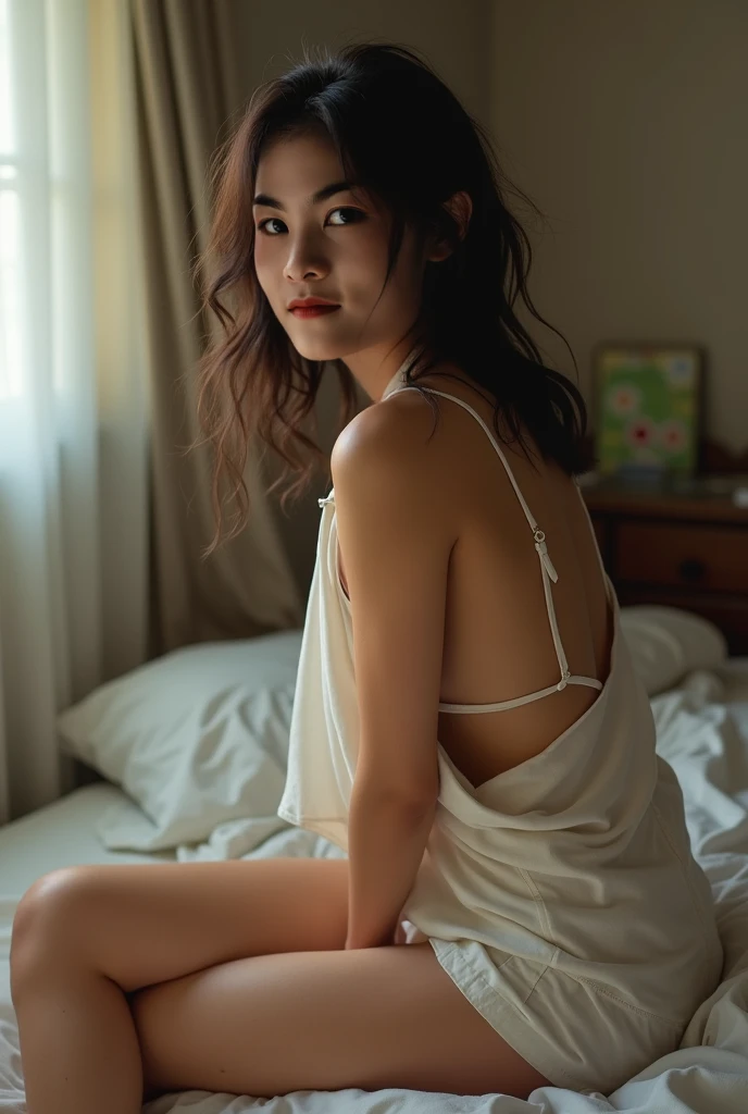 girl、 Analog Film Photography, (Create realistic, photorealistic photographic images)、whole body、White tank top、White panties、Dimly lit place、Red light、Sitting、Blurry, Color, depth,