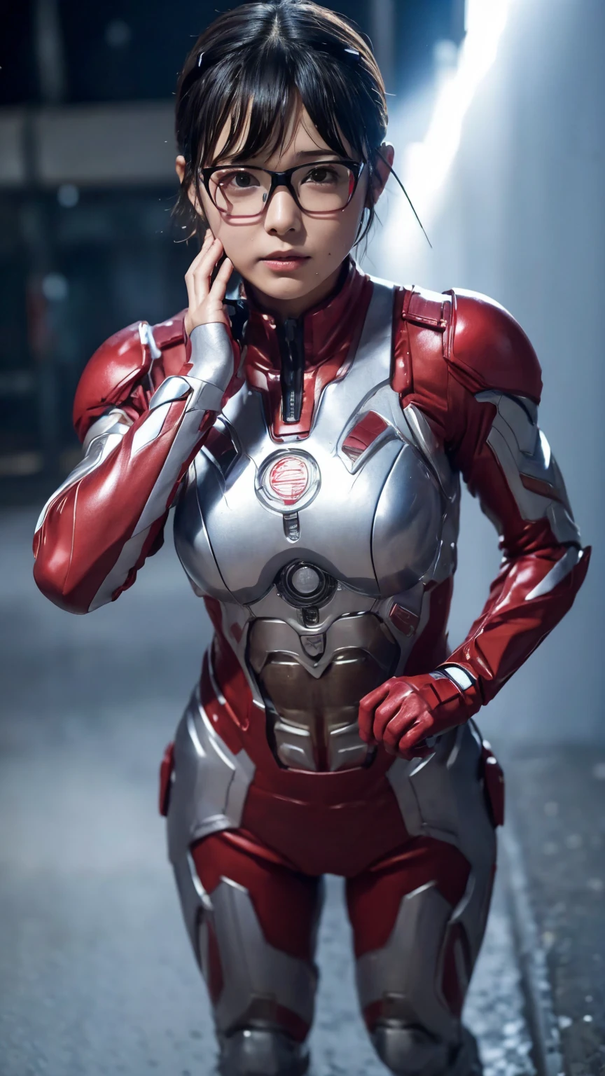   best quality　 8k Red Ultraman　Suit Girl 　Kindergarten girl　Sweaty face　cute　  short hair on the nose 　  boyish 　  steam is coming out of my head　 My hair is wet with sweat　The feel of black hair　  full body portrait 　My upper body is soaked　Glasses