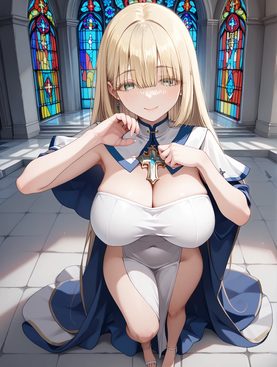  masterpiece,  The best quality,  looking at spectator ,  score_9,  score_8_above,  score_7_above,source_anime,
Luxurious Church  , NSFW,  sexy girl, 1 girl (cuerpo completo, curvilinear, blonde hair,  cut bob,  Hair over the eyes , choke, sexy pose standing , priestess,  seductive expression ), ( Naturally Saggy Big Breasts:1.3),  thick thighs ,  wide hips, High heel,  Satisfied smile 