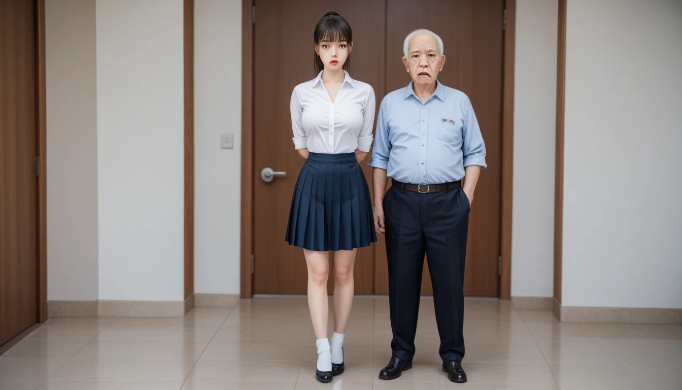  two-shot of an elderly man and a female student、 standing、 full body shot、 female high school student is 18 years old 、 Japanese、 high school uniform 、 white blouse 、 Black Pleated Skirt 、 160ｃｍ、Long black hair、Ponytail、bangs、 cute face、Beautiful face、 calm look、 slim body、 tall, slim waist 、Ample breasts、F Cup、 with well-groomed body lines like models 、 looking at the camera、Man is 55 years old , tall,165 ｃｍ、A bald and fat ,Belly protruding、Tired face and lascivious vulgar face 、 man looks at high school girl with nasty eyes、 detailed raw color photo ,  professional photo , ( real、フォト real:1.37)、 super detail , High image quality,  best quality,  high definition , 8k, UHD, masterpiece、Bright natural light、