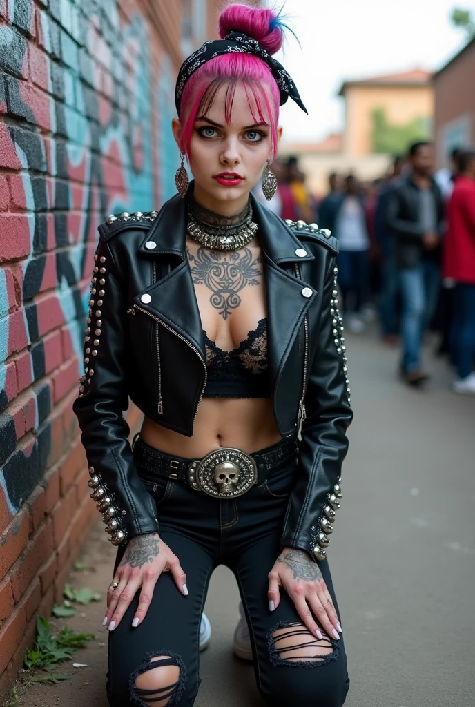 russian milf woman, grey hair (pouf, shaved sides, top bun), with very light blue eyes, extremely pale skin. All neck tattooed. All stomach tattoed. .All hands tattooed.Wearing aged black moto jacket with lots of zippers and pins, flipped up collar. Expensive black lace bra.. Dark grey skinny low rise jeans with holes. wide black studded belt. hands in pockets, chin up, stretching her neck , humble facial expression.. Listening with tilted head, looking up to somebody more clever speaking to her. Well toned abdominals, thin neck, slim legs and thin arms. Narrow hips. Lots of metal collars and necklaces, lots of chain pendants. Lots of metallic bracelets. Dirt street in Kenyan village full of waste. Lots of silver bracelets. A lot of tanned fat women in traditional dresses around looking down at her
