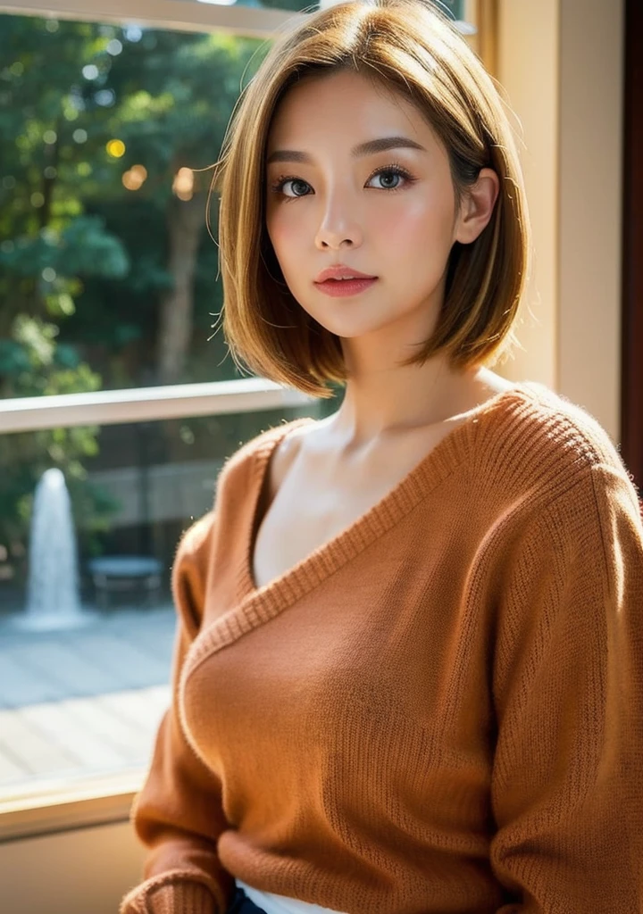 (highest quality、table top、8K、best image quality、Award-winning work)、1 woman、(Perfect sleeveless turtleneck knit sweater dress in random colors:1.3)、(straight short hair:1.1)、(baby face:1.2)、the biggest smile looking at me、(big breasts:1.5)、perfect fit、(emphasize body line:1.2)、low length、(glamorous body:1.2)、(chubby body type:1.2)、Stand gracefully by the elegant and beautiful window.、(standing elegantly:1.2)、(elegant and beautiful curtains:1.1)、(A perfectly organized and beautiful window in a new house:1.1)、refreshing window、(A refreshing view from the window:1.1)、new and beautiful walls、natural makeup、Ultra high definition beauty face、ultra high definition hair、Super high-definition sparkling eyes、(Super high resolution glossy skin:1.1)、Super high resolution glossy lips、(accurate anatomy:1.1)、(very bright and vivid:1.3)、(Beautiful skin that shines brightly:1.3)