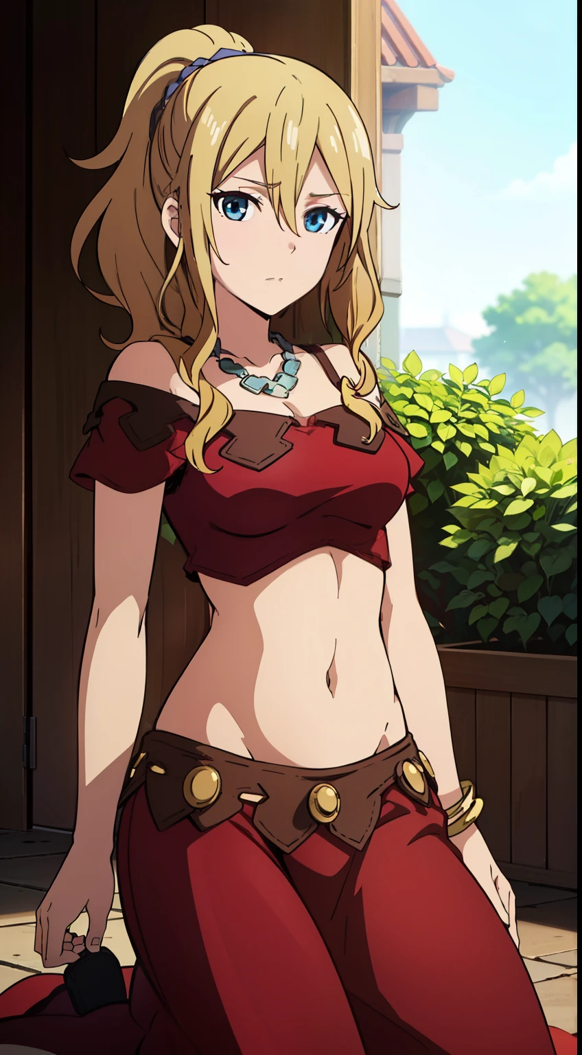 hayasaka, blonde hair, blue eyes, hair Scrunchie, side ponytail, Scrunchie, 1 girl, hair ornaments, alone, hair between eyes, (primrose, ponytail, jewelry, revealing clothes, navel, garden),
beautiful Finger, beautiful body, beautiful character design, perfect eyes, perfect face, expressive eyes, looking at the viewer, Show up to your knees, sexy pose, in the center of the image, official art, High Definition CG Unity, Perfect lit, bright_front_face_lit, (table top:1.0),(Highest_quality:1.0), 4k, Super detailed, photograph, 8k, nffsw, High resolution, (absurd:1.2), kodak portrait 400, film grain, Lens flare, (lively_color:1.2),  (beautiful_medium breasts:1.4), (beautiful_face:1.3),(narrow_waist),
