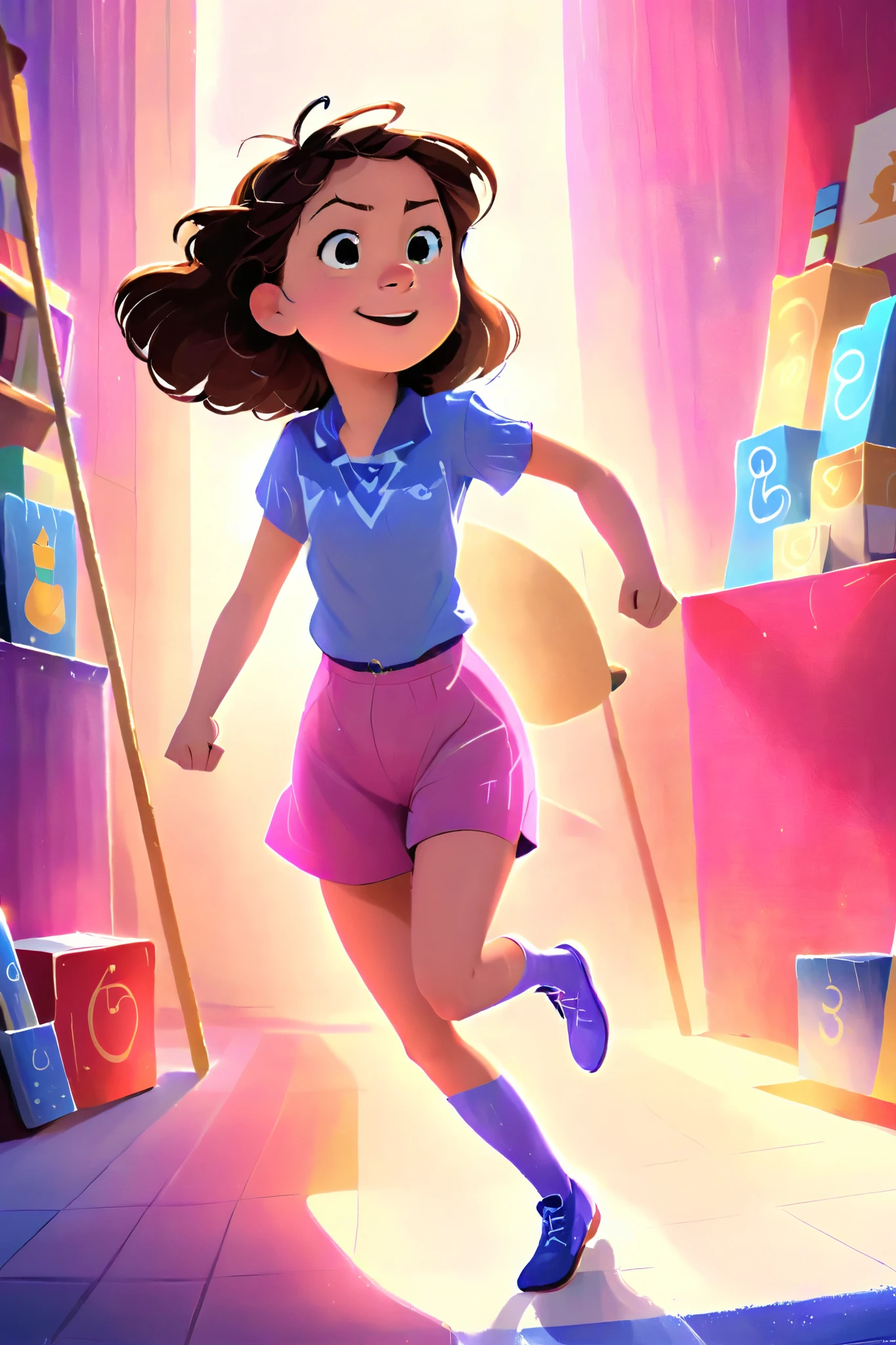 Clara, a  with brown wavy hair, using purple glasses, she poses like a hero, heroic expression, jumping, purple shirt, pink shorts and blue boots. Detailed face, intricate details, colorful crayons, cozy indoor setting, beautiful lighting, soft pastel colors, warm tones, cinematic composition, award winning illustration, highly detailed, photorealistic, 8k, masterpiece, professional, award winning, cinematic lighting, soft focus, beautiful composition, consistent character. The illustration should be simple and clean. The style of the illustration resembles a classic ren's book, combining a Disney cartoon and watercolor illustration but with thick lines outlining the image.