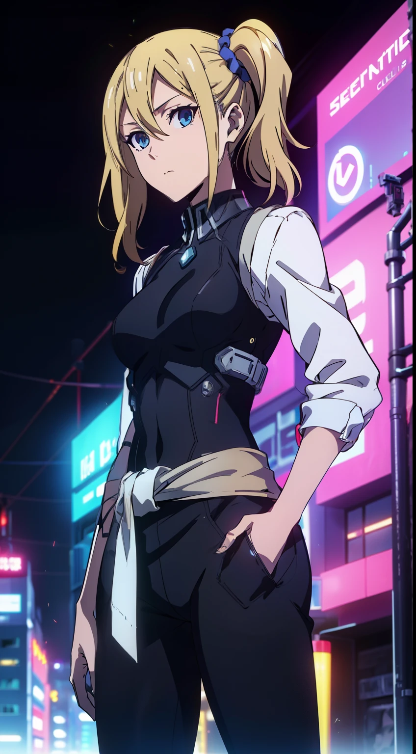 hayasaka, blonde hair, blue eyes, hair Scrunchie, side ponytail, Scrunchie, 1 girl, hair ornaments, alone, hair between eyes, (niji cyberpunk clothing, city, night),
beautiful Finger, beautiful body, beautiful character design, perfect eyes, perfect face, expressive eyes, looking at the viewer, Show up to your knees, sexy pose, in the center of the image, official art, High Definition CG Unity, Perfect lit, bright_front_face_lit, (table top:1.0),(Highest_quality:1.0), 4k, Super detailed, photograph, 8k, nffsw, High resolution, (absurd:1.2), kodak portrait 400, film grain, Lens flare, (lively_color:1.2),  (beautiful_medium breasts:1.4), (beautiful_face:1.3),(narrow_waist),
