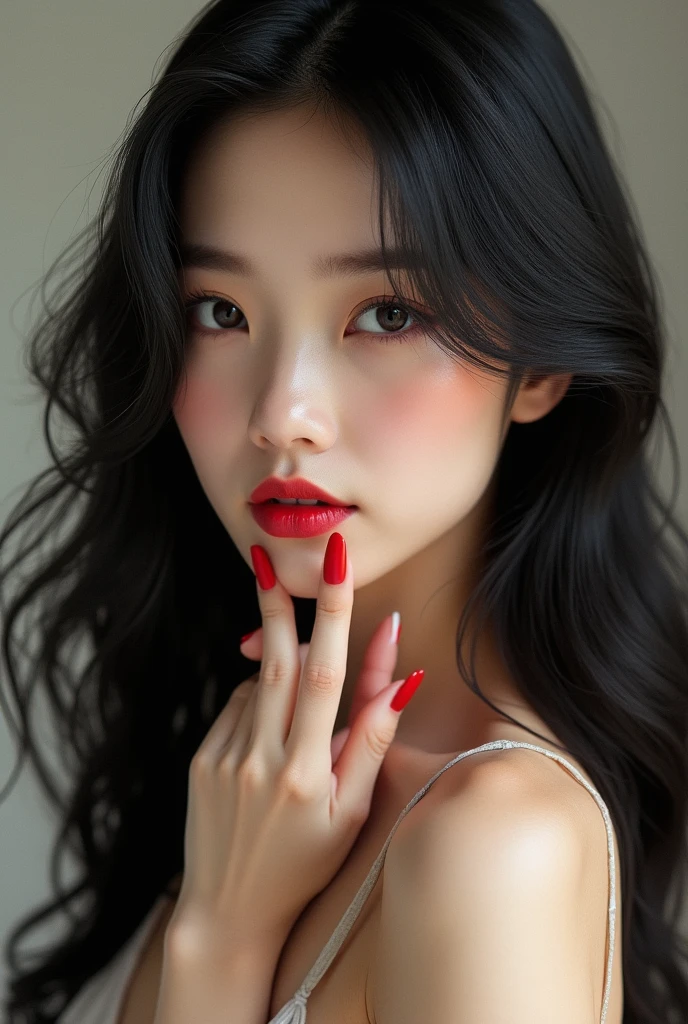 Asian woman with long black hair, covering lips with perfect fingers, red nails, white skin and wearing a Gaziantep turkey traditional dress