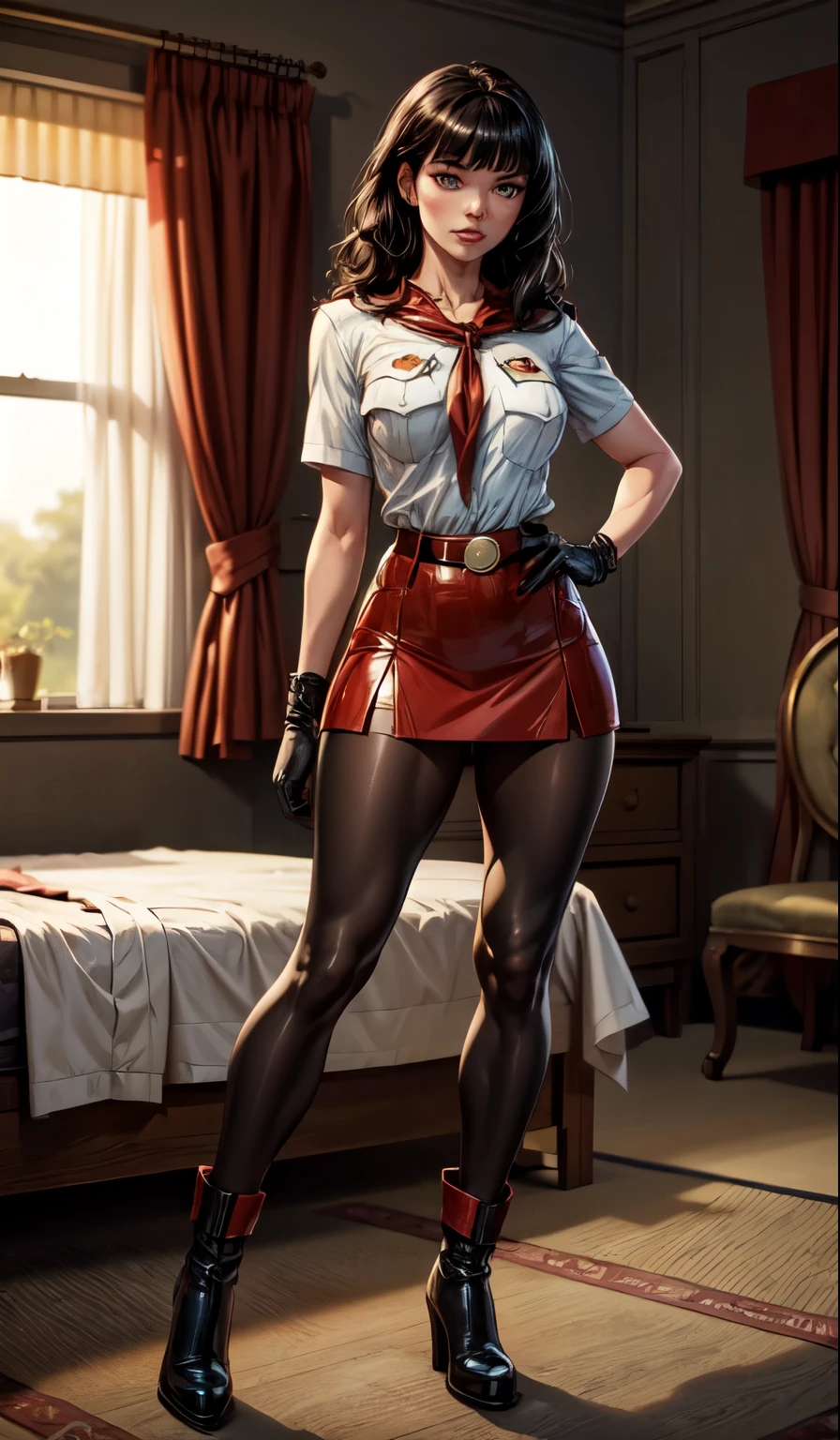 detailed eyes, (full body shot:1.2), 8k, (skinny body:1.2), curvy, (hands behind her back:1.2), seductive pose, disheveled hair, flat chest, pioneer neckerchief, micro blue tight skirt, bangs, shirt, collarbone, very tight white shirt, short sleeves, collared shirt, belt, eyelashes, red neckerchief, breast pocket, resembles a sex doll, maryarya --An Asian girl and an Italian woman together. A fetish fueled indoor scene featuring a Japanese girl, dressed in a sleek red latex bodysuit, lounging on a plush black bedspread, while a taller stronger Italian woman in black leather spanks her. Italian woman has wavy black hair and is menacing. The soft, natural light filters in through dark blue curtains, creating gentle shadows that highlight the contours and relaxed posture. The setting conveys a sense of sexual anxiety and tension, inviting viewers to admire with lust the uninhibited girl in the throes of sexual self pleasure. --- sexy fragile Asian girl, some visible black pubic hairs creep out of the hem of her body suit, slimy white hand lotion covers her chest and bedding, very naughty girls, has european fumetto aesthetic, 70s european comic book style, crips lines, detailed, intricate, both are wearing boots and gloves, HD, 8x