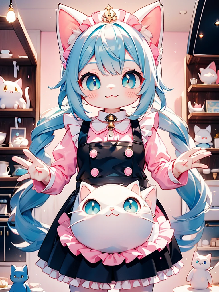 Ragdoll、kitten、 white and gray body hair 、 collar with red bell、cyan blue eyeshadow long tail、 odd-eye、Round eyes、smile、 cooking、Fluffy fur、Making a cake 、 cat cafe kitchen making cake、Black maid outfit、 pink apron、 is brewing coffee、