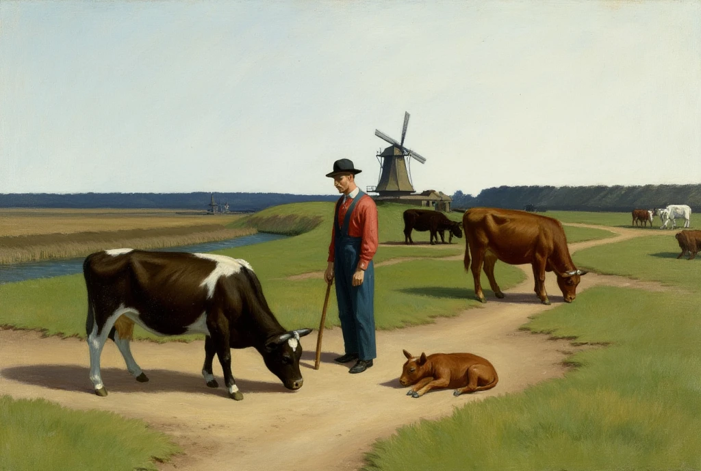 This image is a detailed Edward Hopper oil on canvas painting depicting a pastoral idyll. The painting is characterized by its realistic style and rich color palette. The scene is set in a rural landscape, likely in the Netherlands, with a soft, overcast sky that transitions from light blue to a darker blue towards the horizon. The ground is a mix of green grass and patches of dirt, with a small stream running through the center.

In the foreground, two cows are grazing. The cow on the left has a dark brown coat with lighter patches, while the cow on the right has a reddish-brown coat. Both cows are standing, with the one on the left slightly leaning forward to graze. To the right of the cows, a man dressed in traditional Dutch attire stands. He is wearing a red shirt, blue trousers, and a black hat, holding a staff or walking stick. He is looking down at a young calf lying on the ground, which is resting with its head on the ground and its legs stretched out. 

In the background, there are more cows and a windmill, adding to the pastoral setting. The painting captures the tranquility and simplicity of rural life.