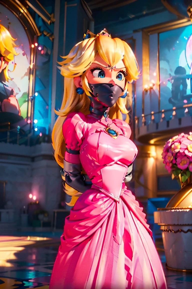 score_9, score_8_up, score_7_up, solo, 1girl, Princess Peach \(Mario Bros\), (huge breasts ), (Perfect thin body), (wearing a pink dress), ((inside a a castle)), (master part, High definition, (8k), ( perfect face), (ultra details) (perfect hands, eye, the face),  (shibari, arms behind back:1.4), full body, complete body, standing, standing, mask, mask neck corset, mask corset, belt bondage, black mask, tight mask, over the nose gag, black tape, (armbinder:1.4), 